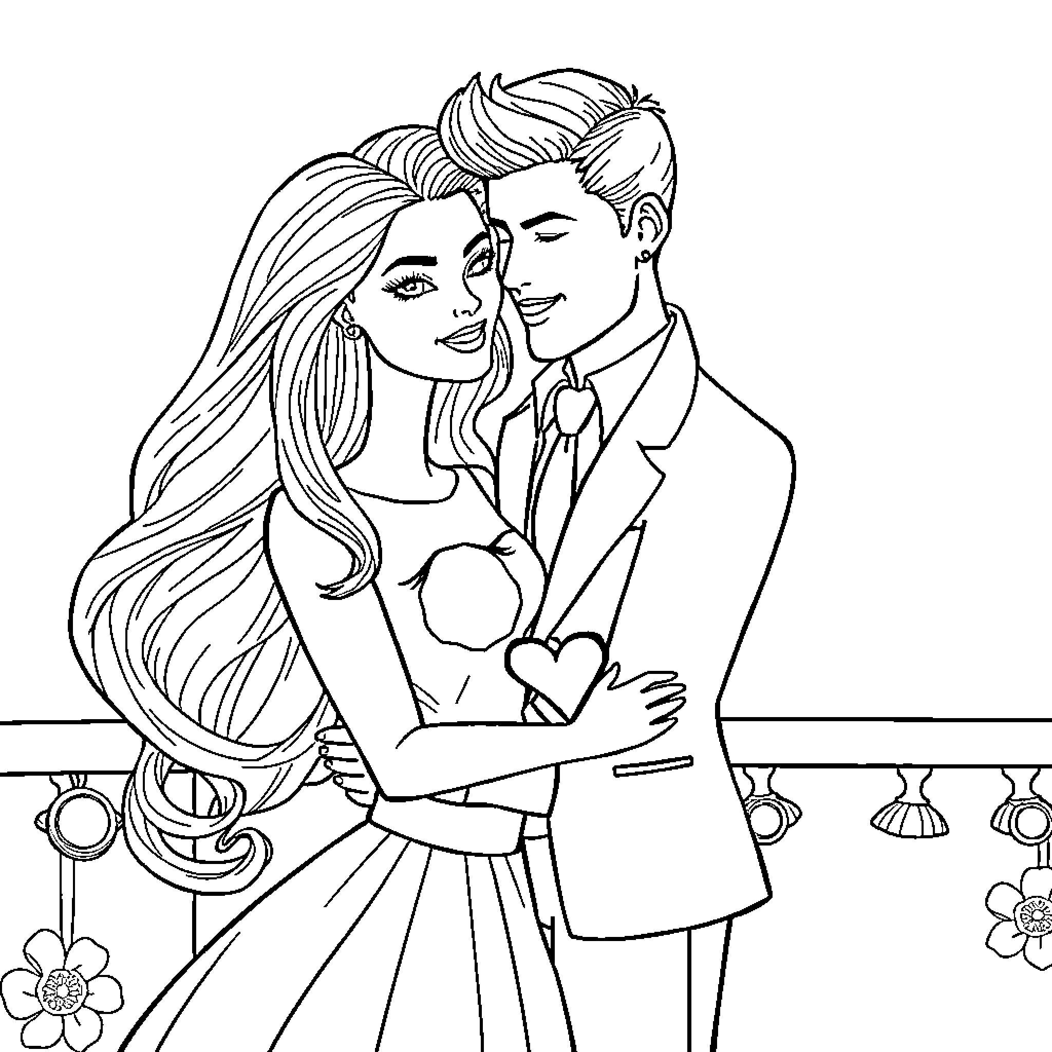 Barbie and Ken share a loving embrace Coloring Page (free black-and-white line drawing printable PDF for all, from beginners to advanced learners, including children, teens, adults, and seniors)