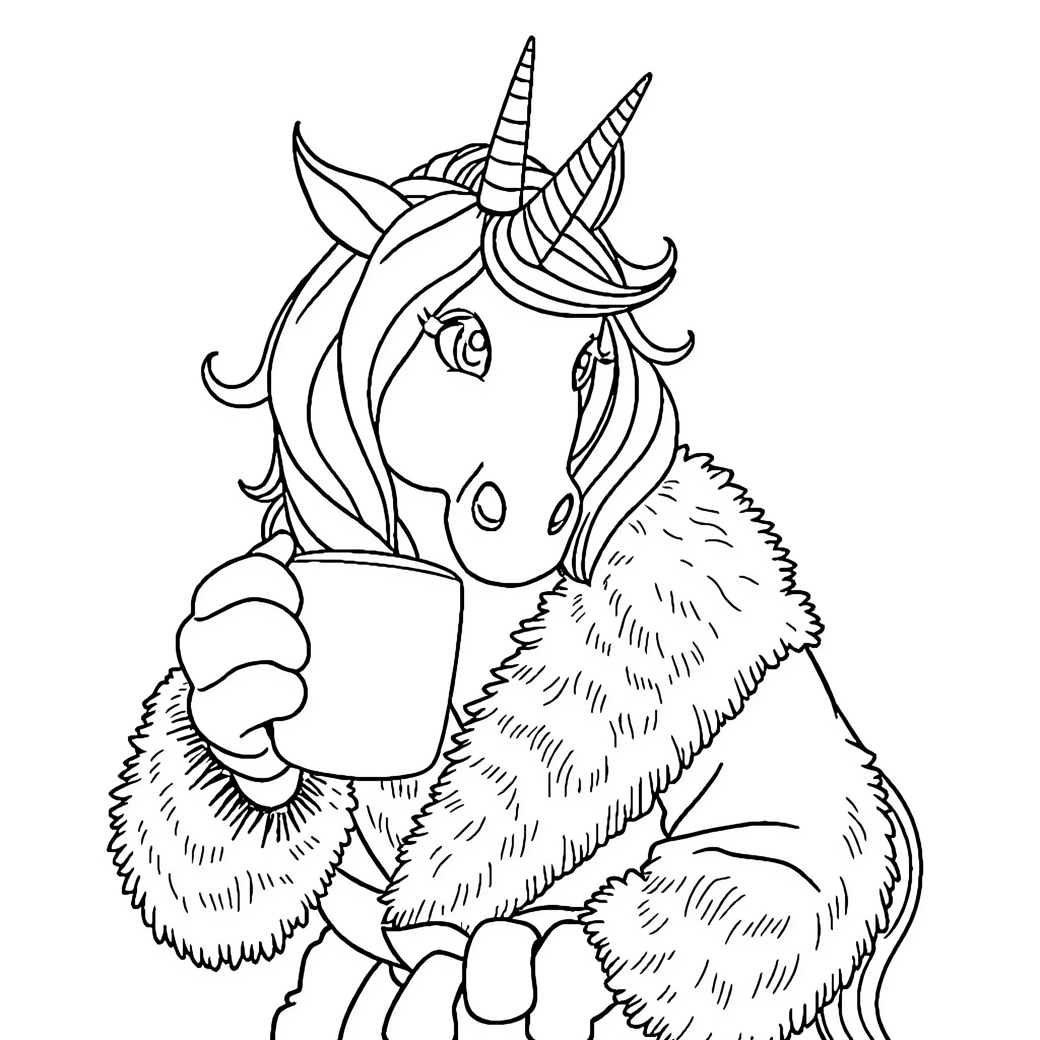 Unicorn drinking a warm beverage in cozy attire Coloring Page (free black-and-white line drawing printable PDF for all, from beginners to advanced learners, including children, teens, adults, and seniors)