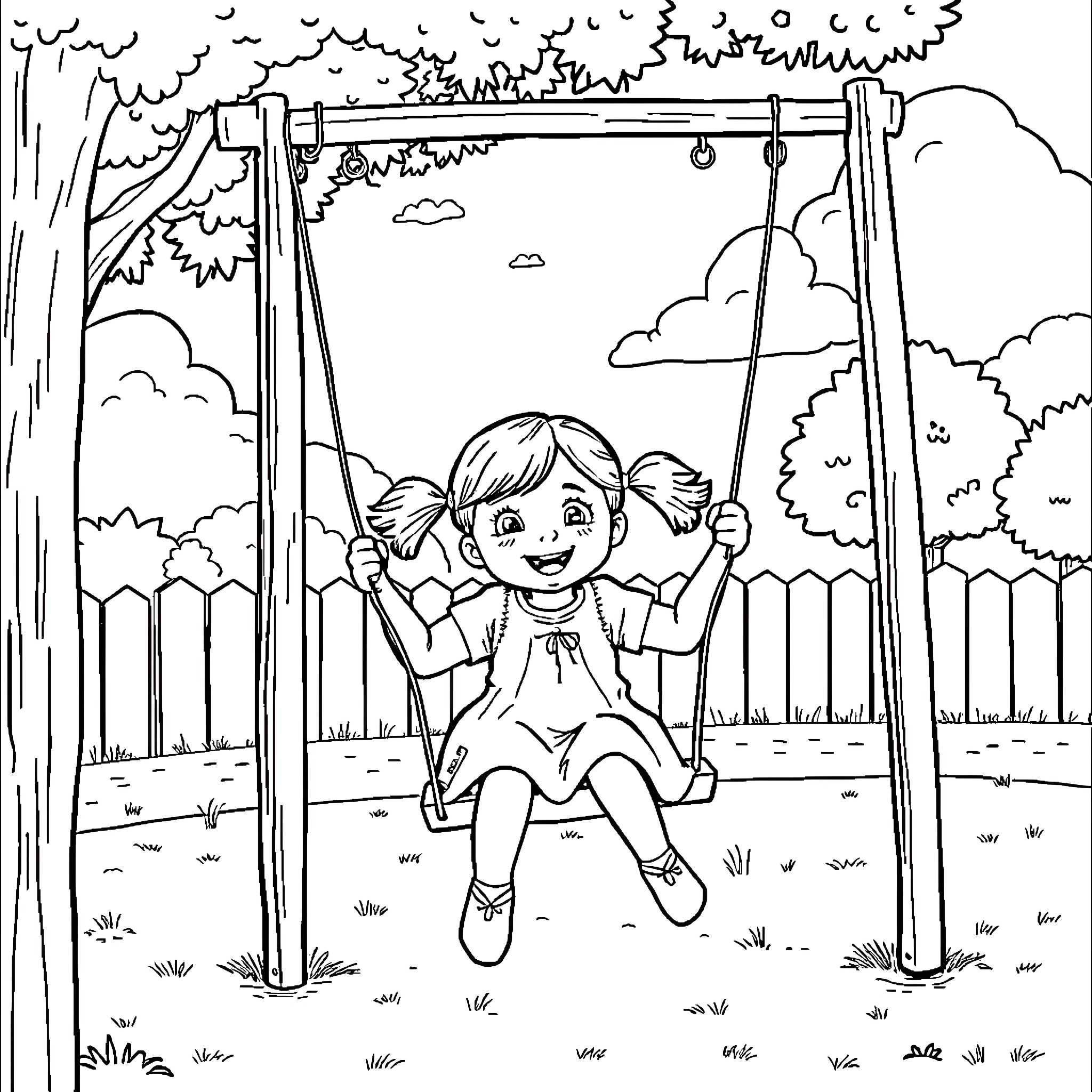 Girl joyfully swinging in the park Coloring Page (free black-and-white line drawing printable PDF for all, from beginners to advanced learners, including children, teens, adults, and seniors)