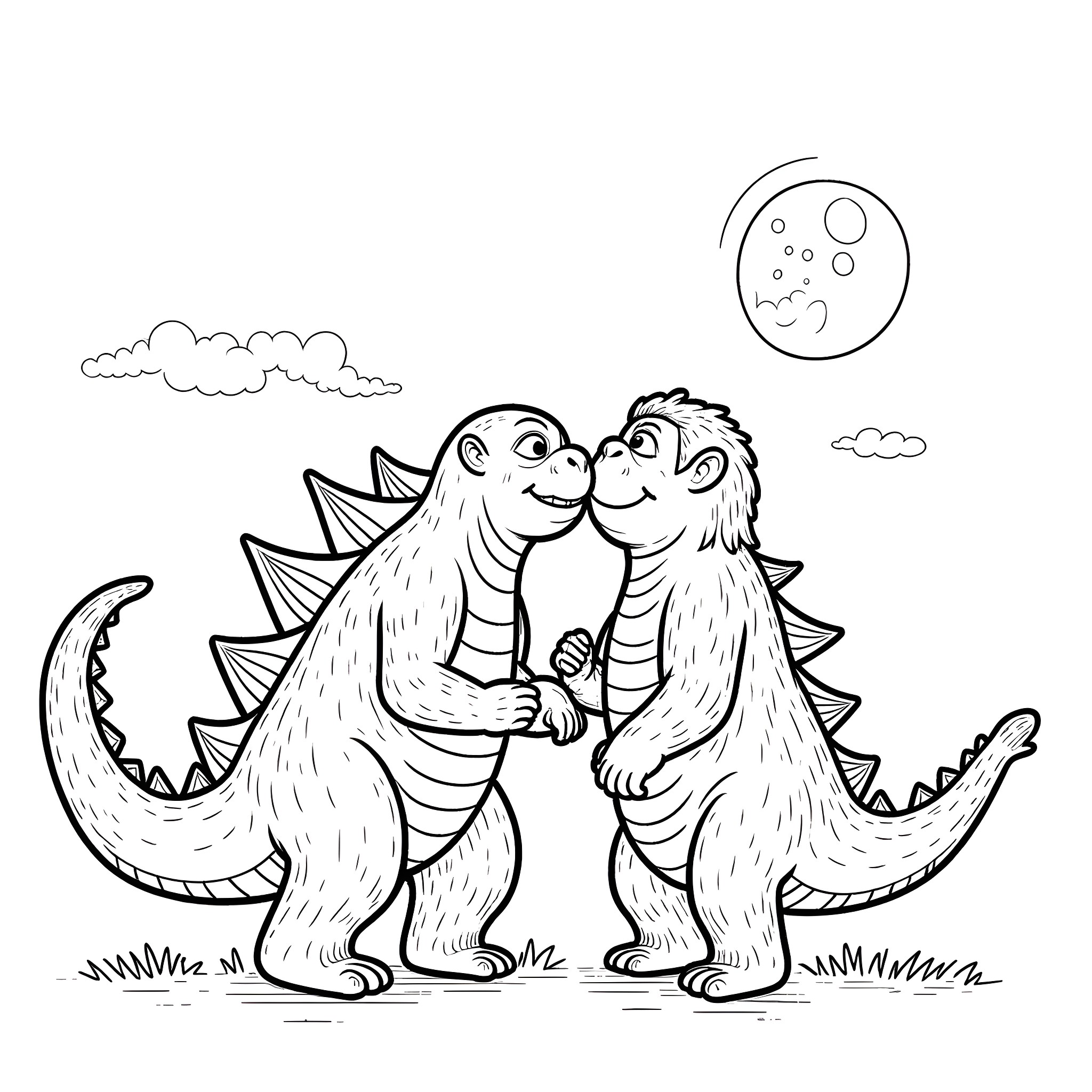 Godzilla-like dinosaurs playing together under the moon Coloring Page (free black-and-white line drawing printable PDF for all, from beginners to advanced learners, including children, teens, adults, and seniors)