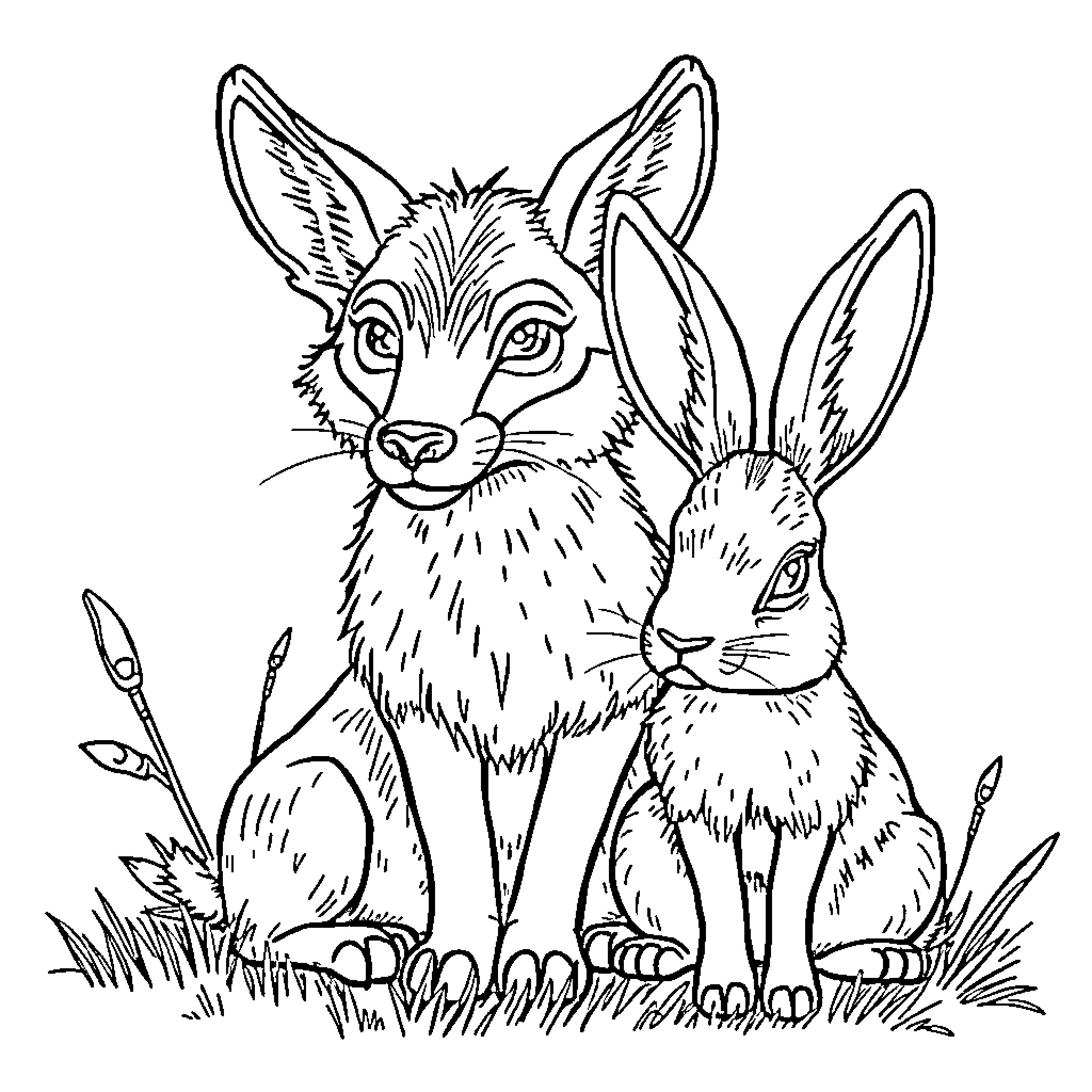Wolf and rabbit sitting in grass Coloring Page (free black-and-white line drawing printable PDF for all, from beginners to advanced learners, including children, teens, adults, and seniors)