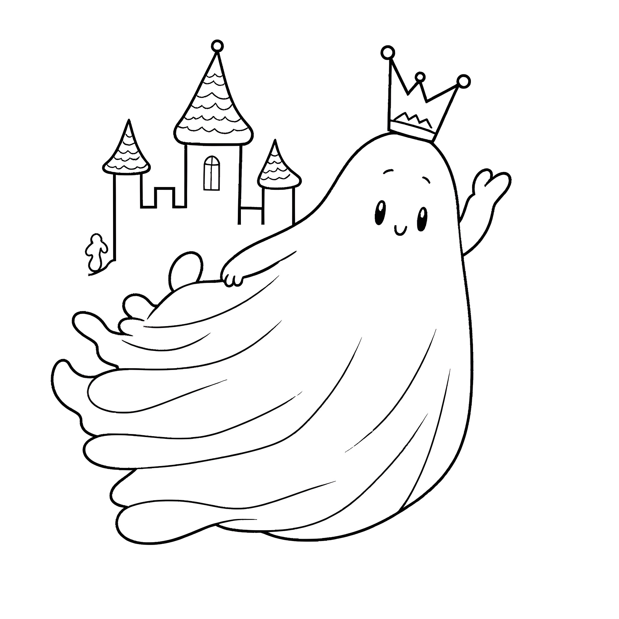 King Boo haunting a spooky castle Coloring Page (free black-and-white line drawing printable PDF for all, from beginners to advanced learners, including children, teens, adults, and seniors)