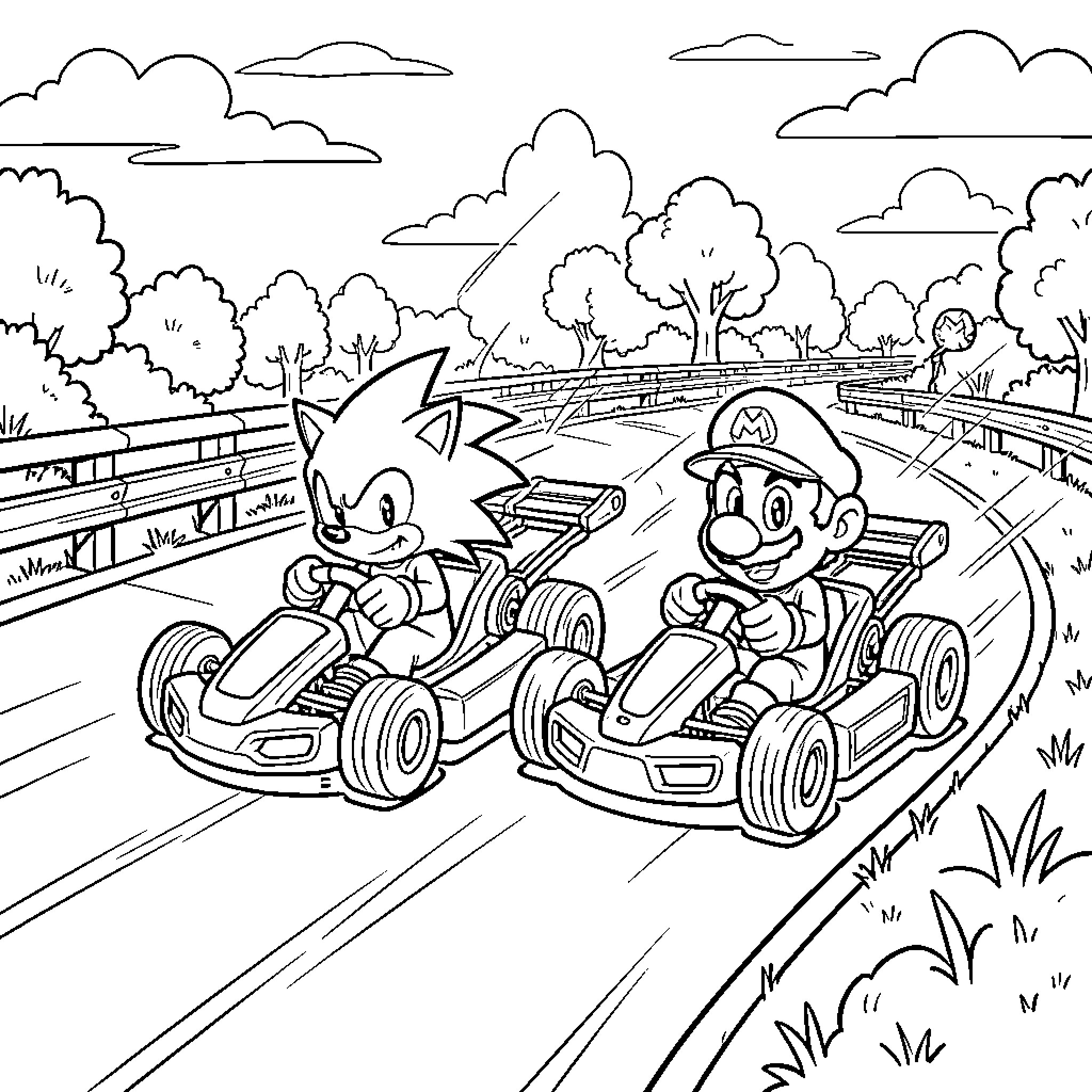 Sonic and Mario racing in go-karts through a scenic forest Coloring Page (free black-and-white line drawing printable PDF for all, from beginners to advanced learners, including children, teens, adults, and seniors)
