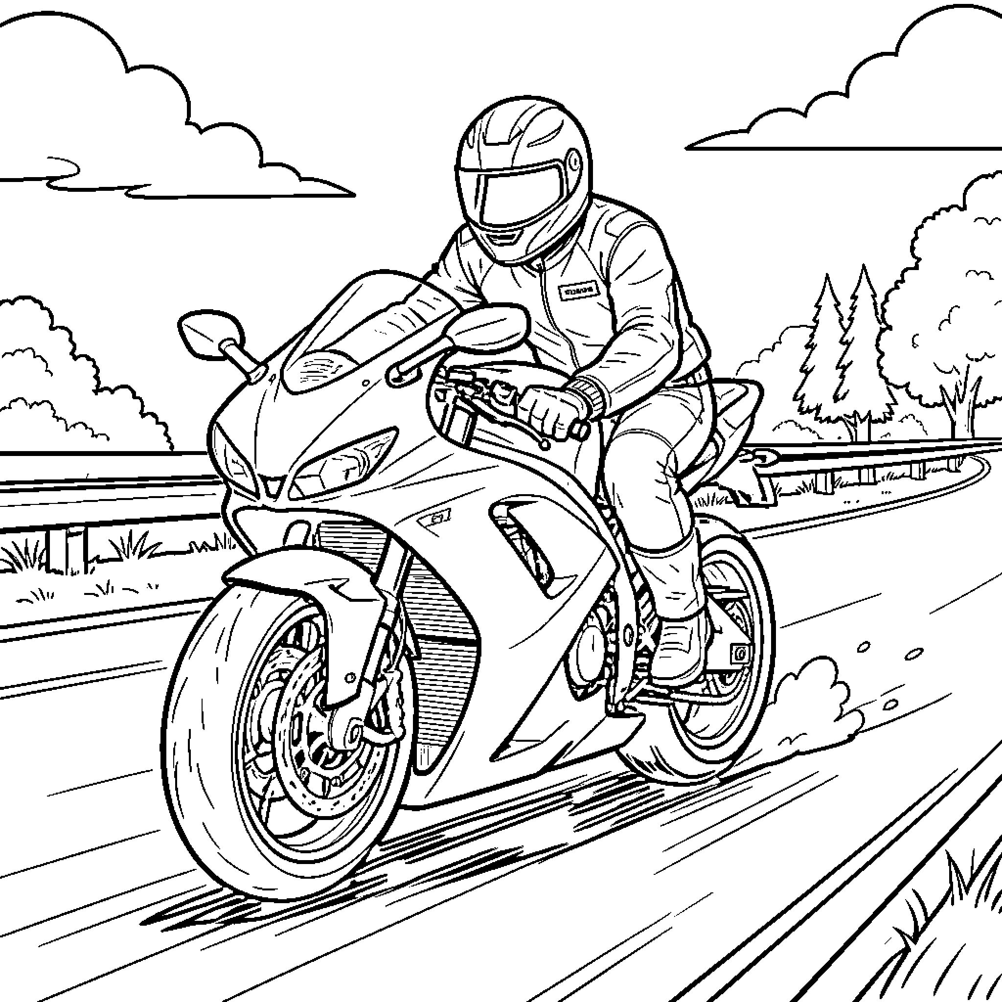 Eride Pro Emoto riding a fast motorcycle on a road Coloring Page (free black-and-white line drawing printable PDF for all, from beginners to advanced learners, including children, teens, adults, and seniors)