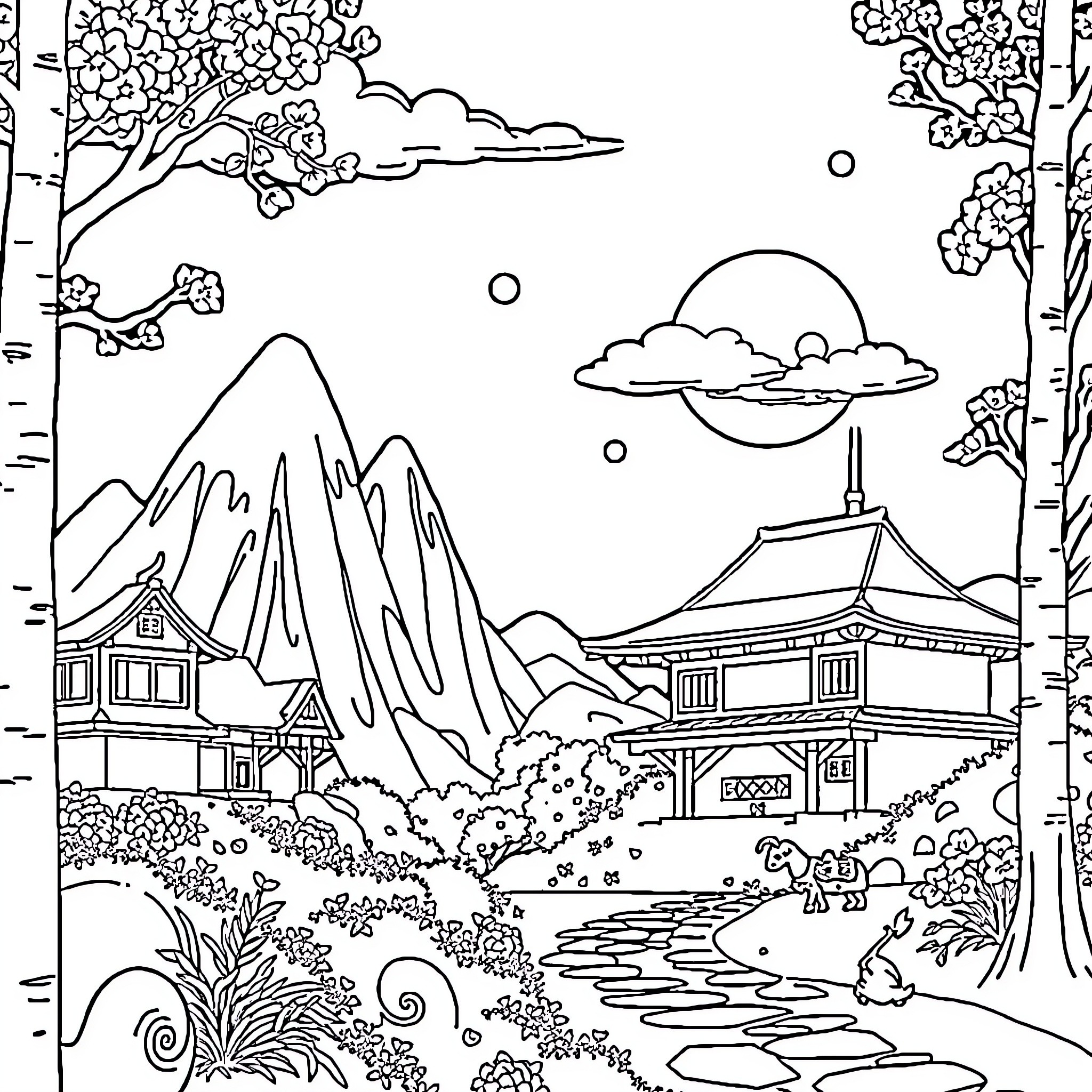 Ghibli-inspired Scenic Landscape with Pagoda and Mountains Coloring Page (free black-and-white line drawing printable PDF for all, from beginners to advanced learners, including children, teens, adults, and seniors)