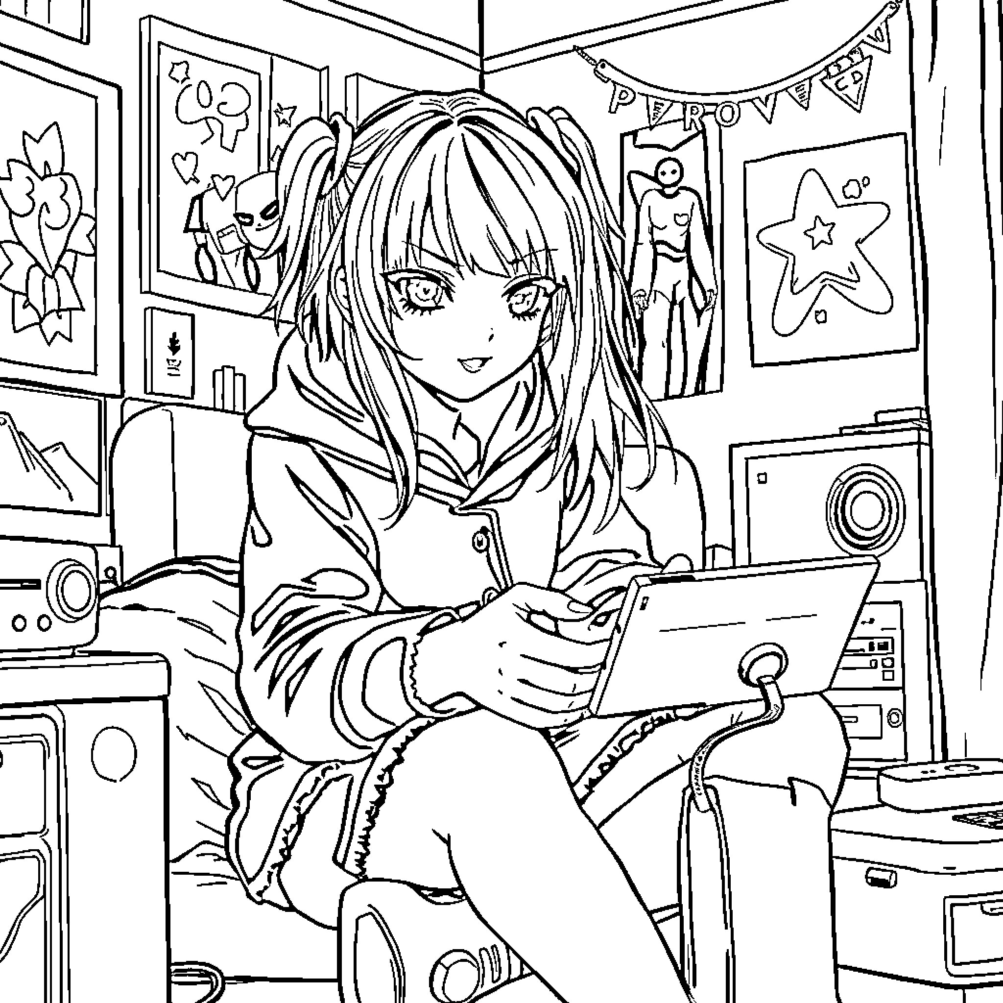 Emo Girl Gaming on Retro Tech in Cozy Bedroom Coloring Page (free black-and-white line drawing printable PDF for all, from beginners to advanced learners, including children, teens, adults, and seniors)