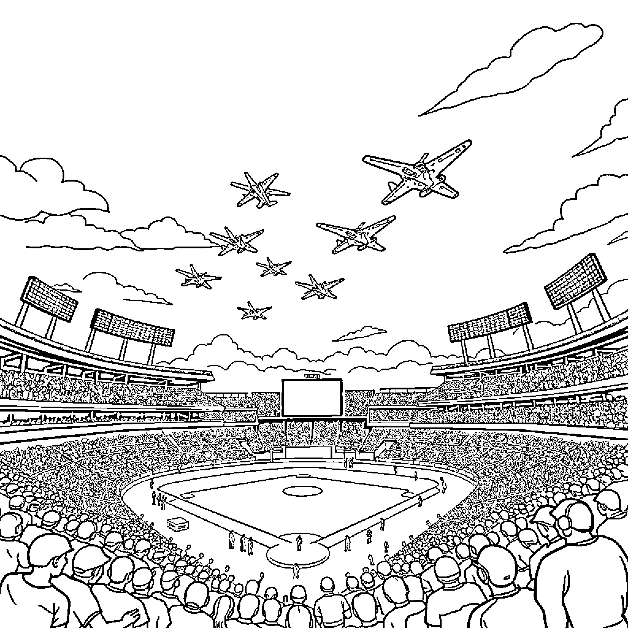 Fighter Jets Soaring over a Packed Sports Stadium Coloring Page (free black-and-white line drawing printable PDF for all, from beginners to advanced learners, including children, teens, adults, and seniors)