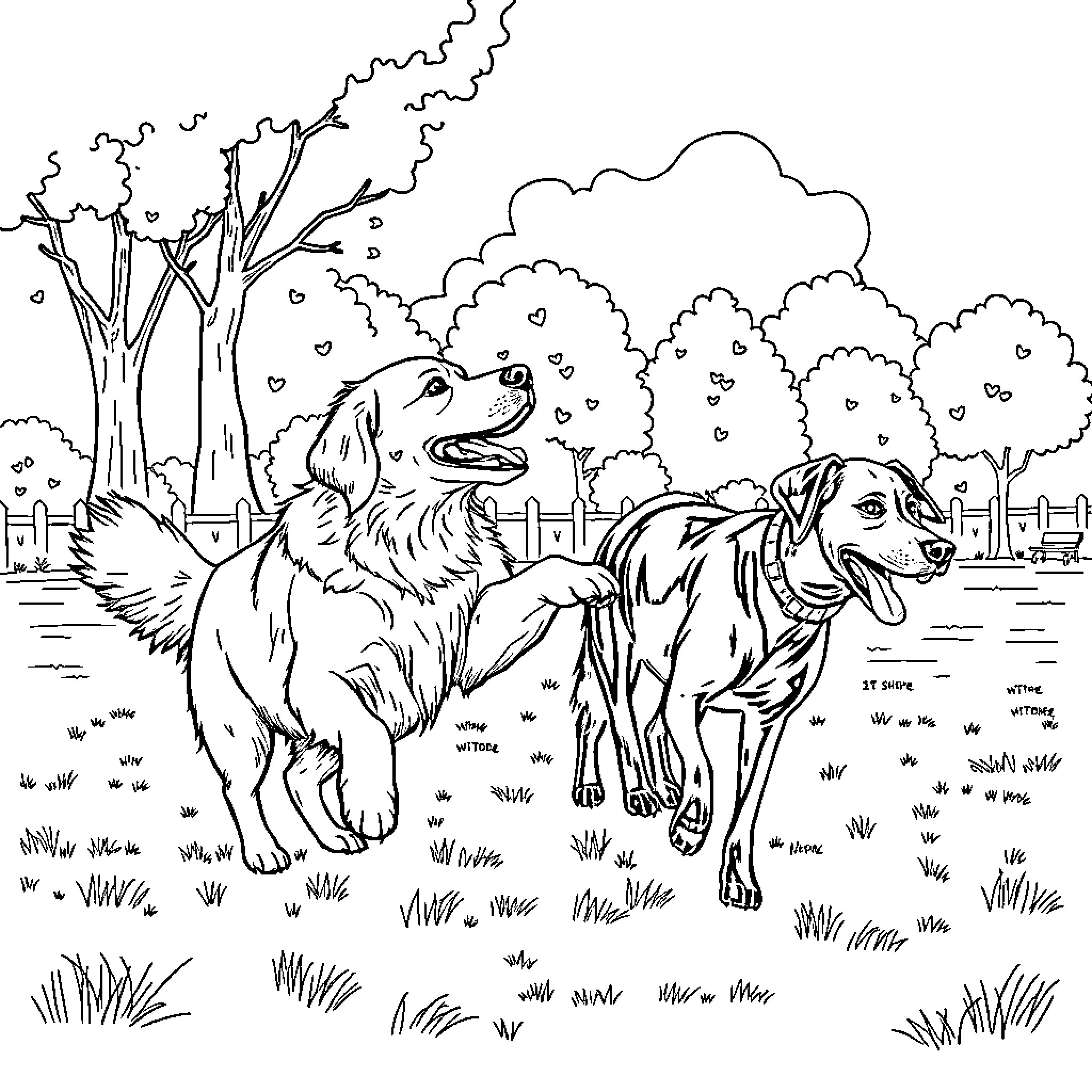 Retrievers Playing in the Countryside Coloring Page (free black-and-white line drawing printable PDF for all, from beginners to advanced learners, including children, teens, adults, and seniors)