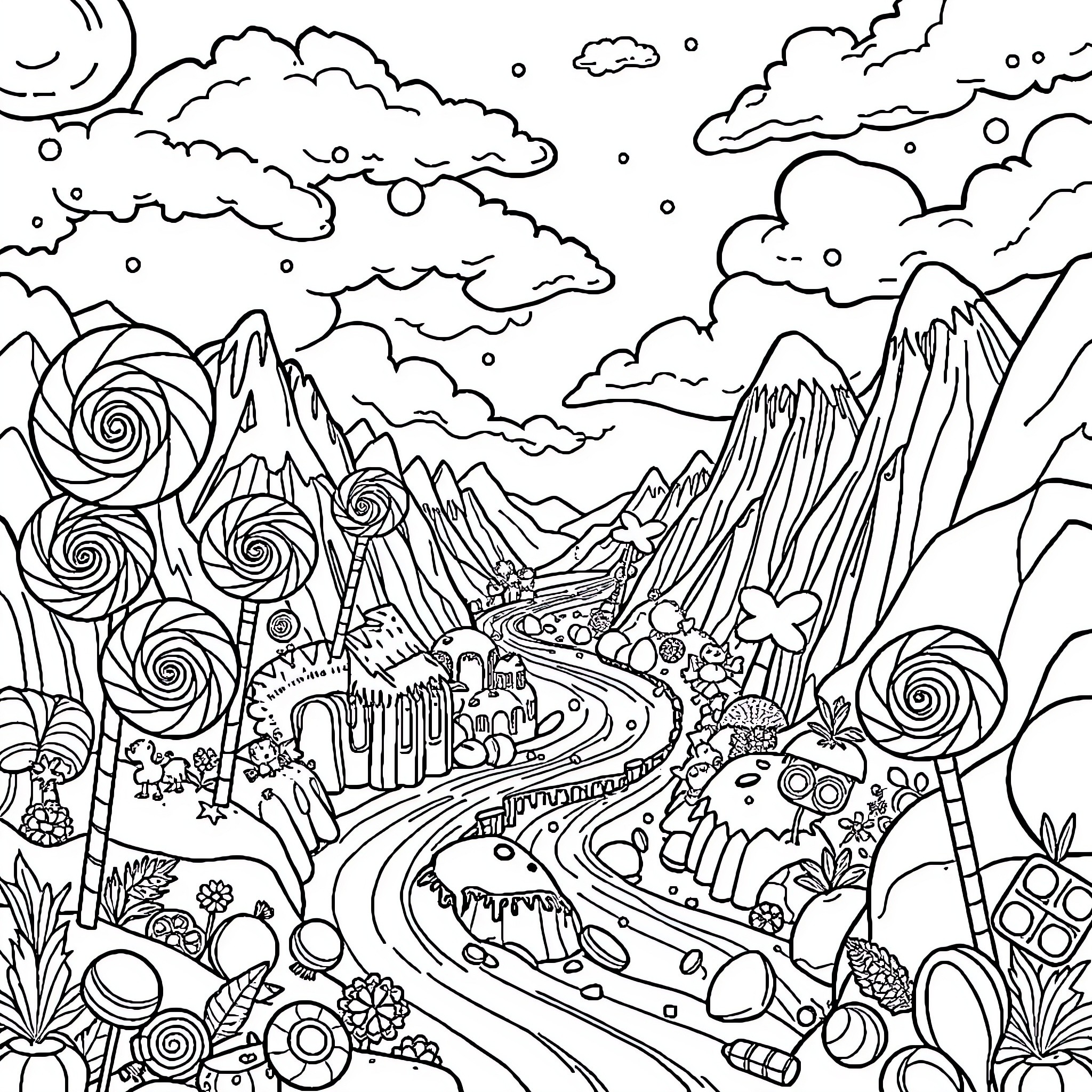 Candy landscape with whimsical details and elements Coloring Page (free black-and-white line drawing printable PDF for all, from beginners to advanced learners, including children, teens, adults, and seniors)