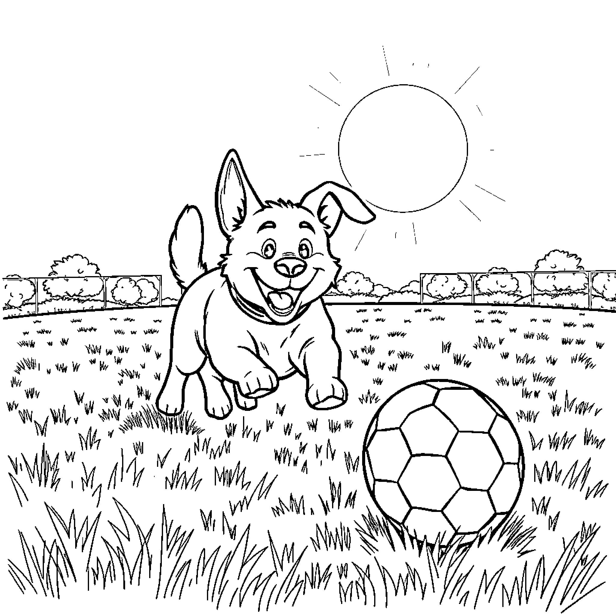 Dog playing joyfully with soccer ball in sunny meadow Coloring Page (free black-and-white line drawing printable PDF for all, from beginners to advanced learners, including children, teens, adults, and seniors)
