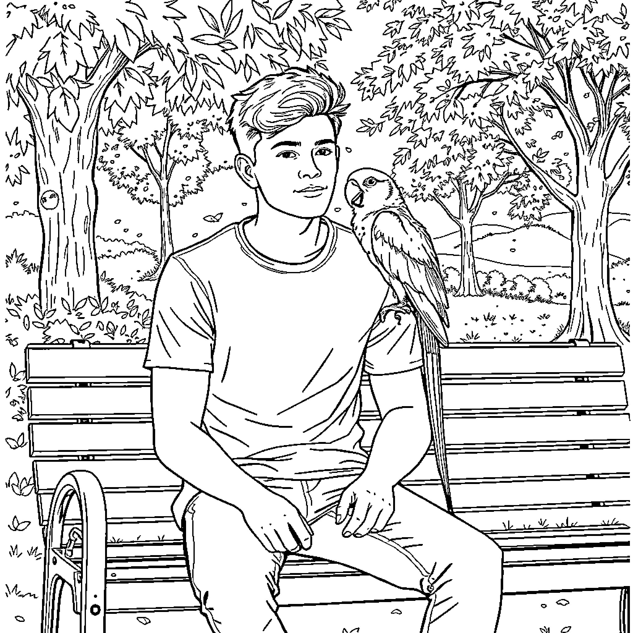 Man sitting peacefully on a park bench with a parrot Coloring Page (free black-and-white line drawing printable PDF for all, from beginners to advanced learners, including children, teens, adults, and seniors)