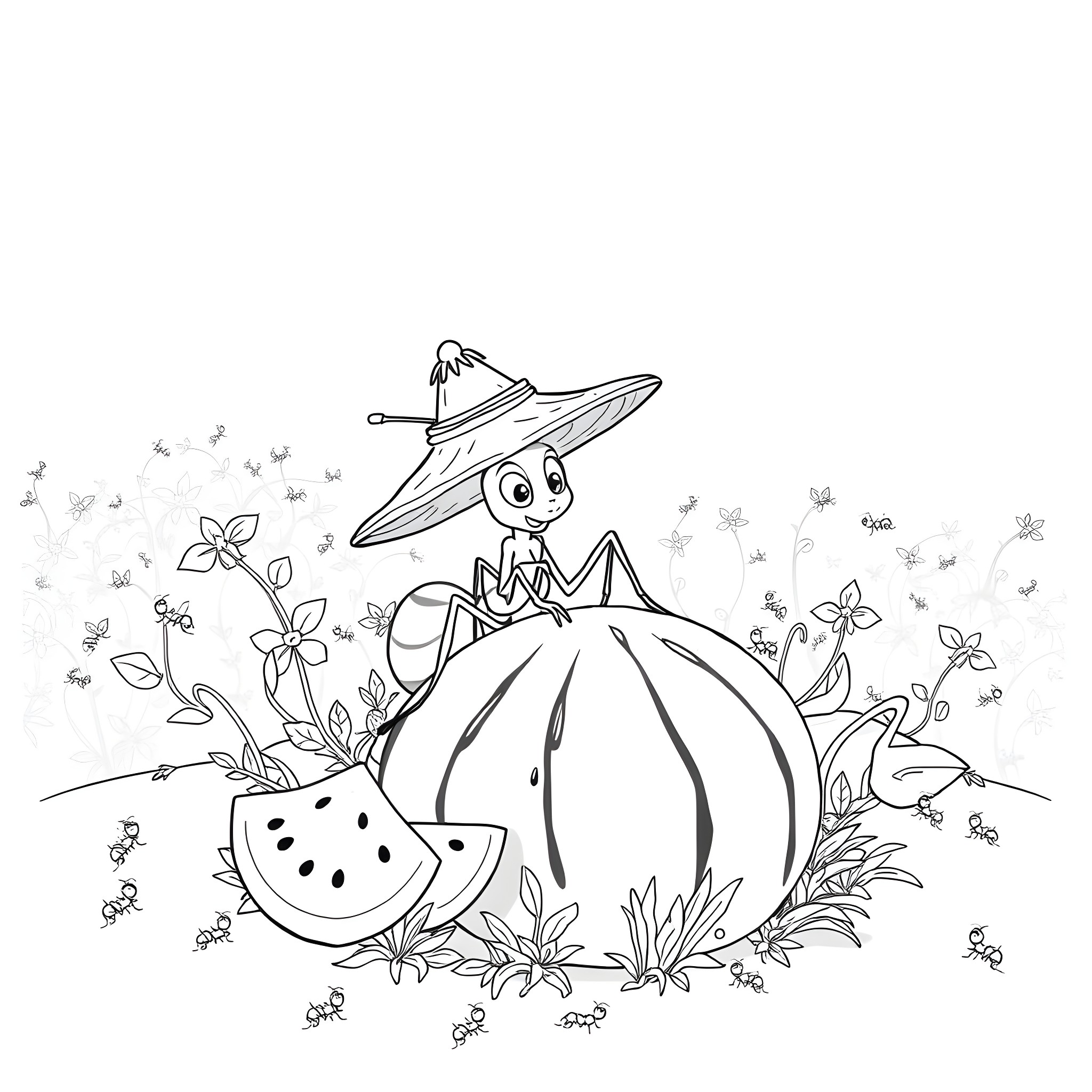 Ant exploring whimsical garden with flowers and insects Coloring Page (free black-and-white line drawing printable PDF for all, from beginners to advanced learners, including children, teens, adults, and seniors)