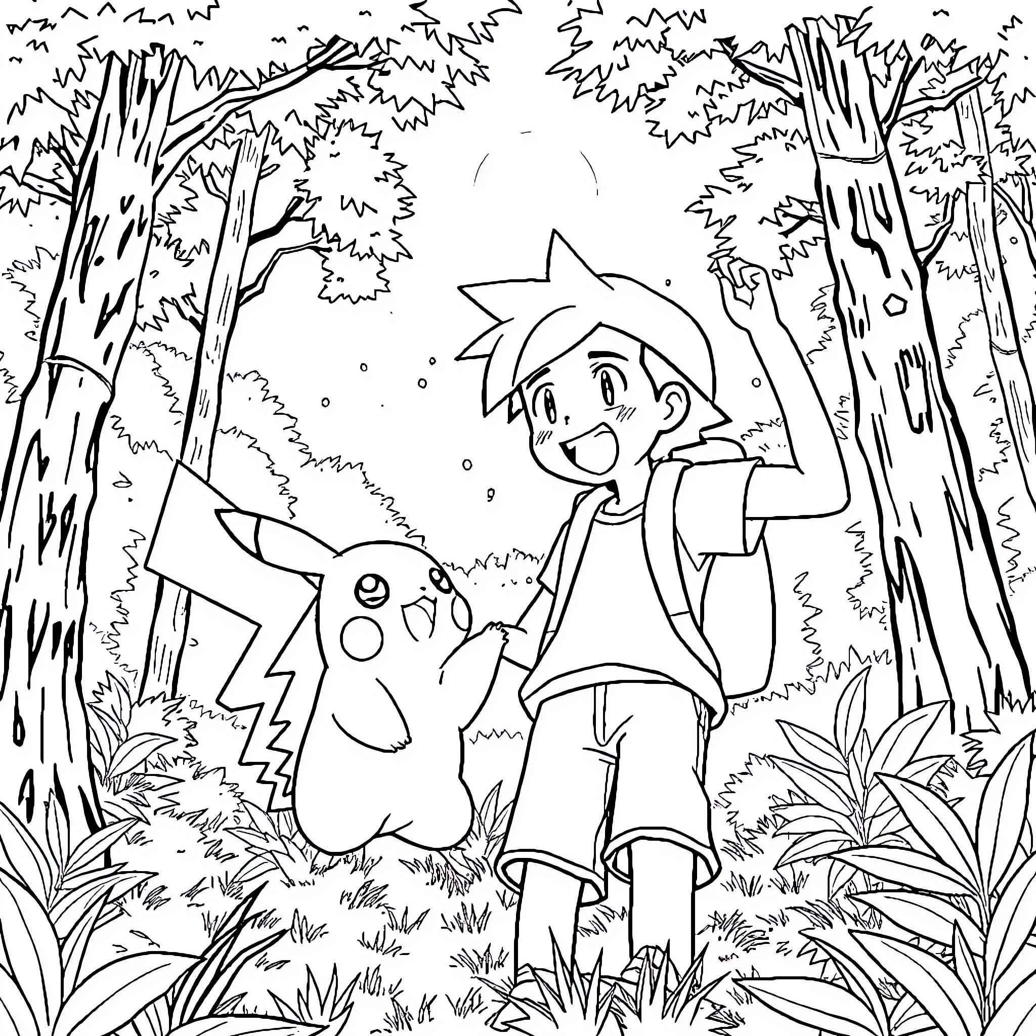 Ash's Adventure in the Lush Forest Coloring Page (free black-and-white line drawing printable PDF for all, from beginners to advanced learners, including children, teens, adults, and seniors)