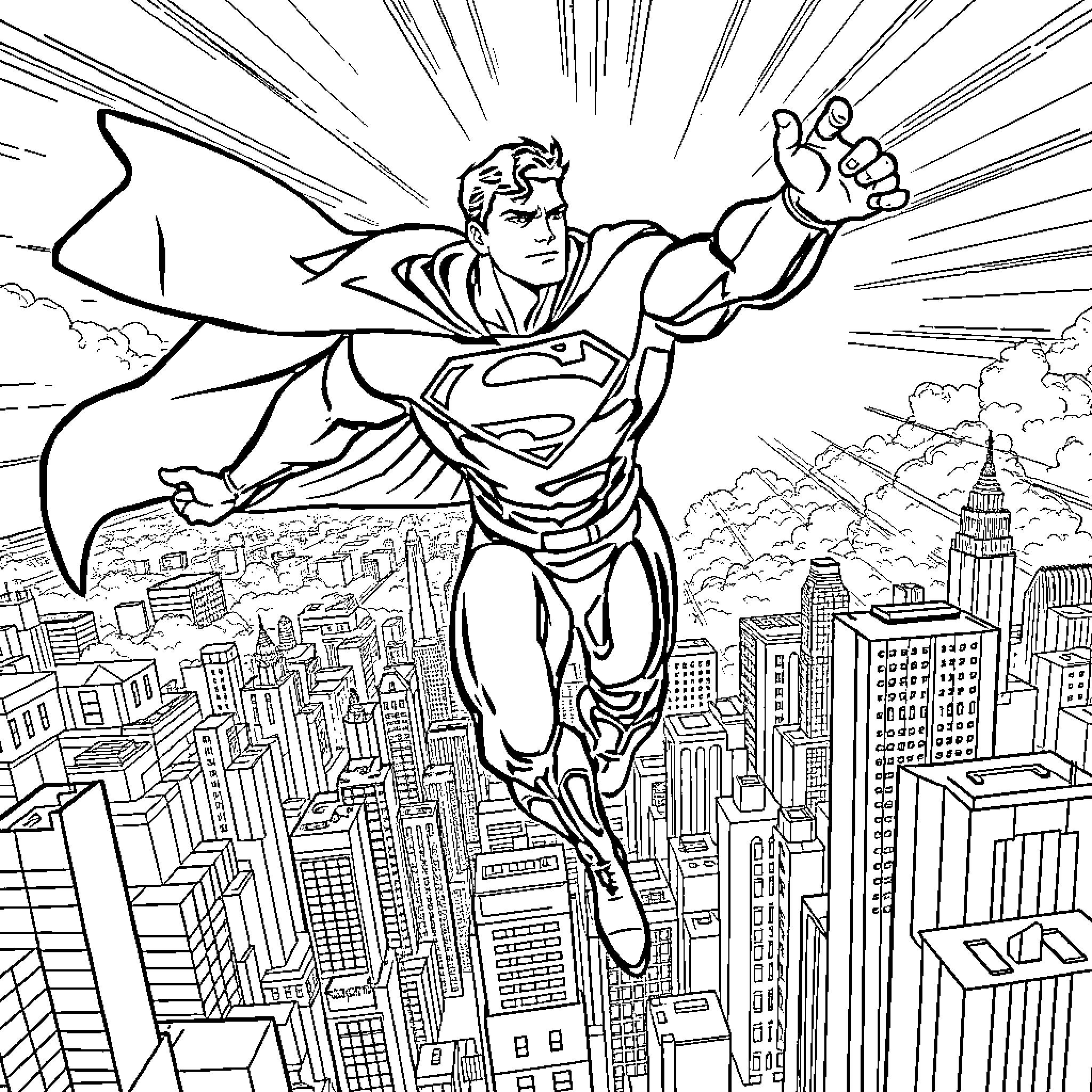 Superman soaring over the city skyline Coloring Page (free black-and-white line drawing printable PDF for all, from beginners to advanced learners, including children, teens, adults, and seniors)