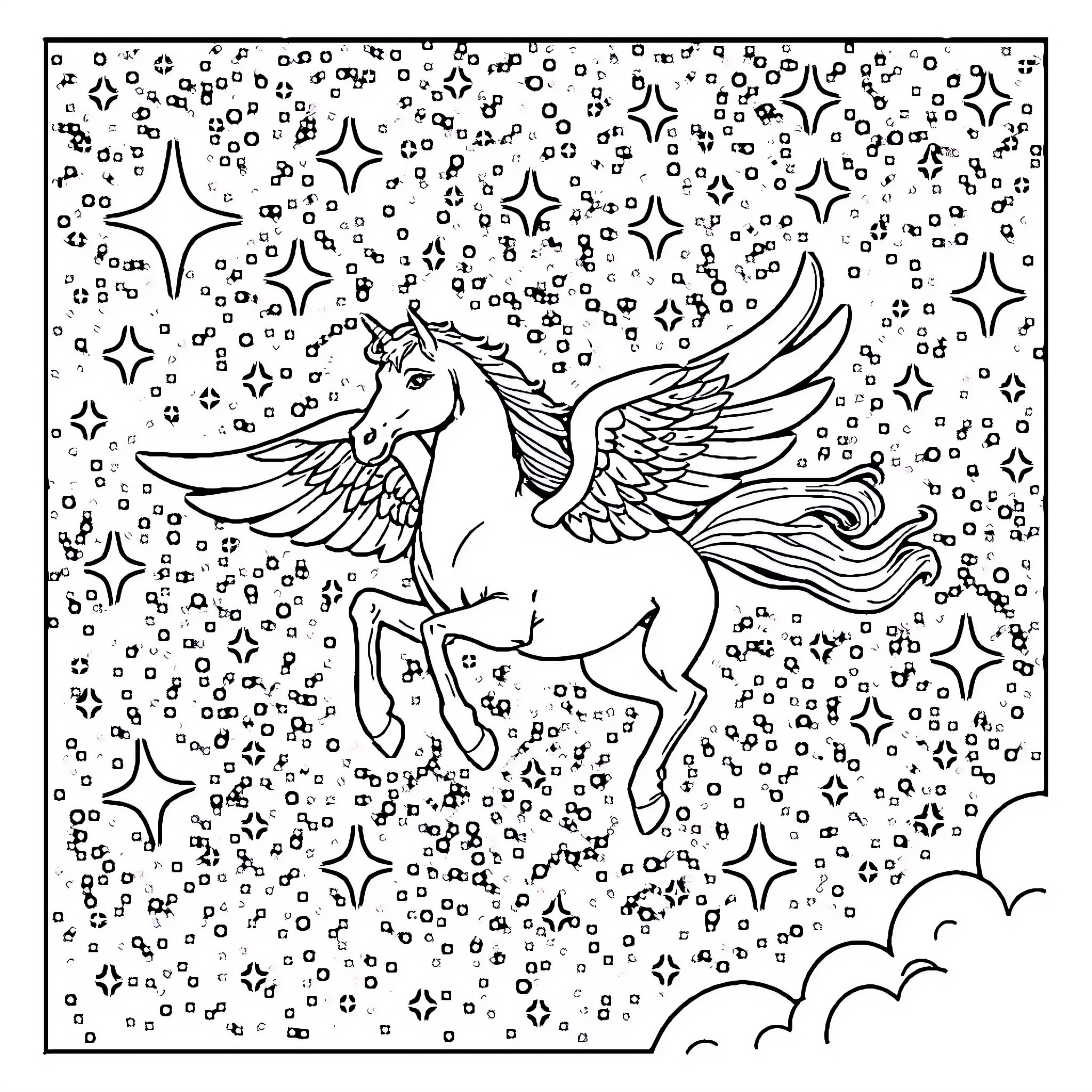 Pegasus soaring through a starry night sky Coloring Page (free black-and-white line drawing printable PDF for all, from beginners to advanced learners, including children, teens, adults, and seniors)