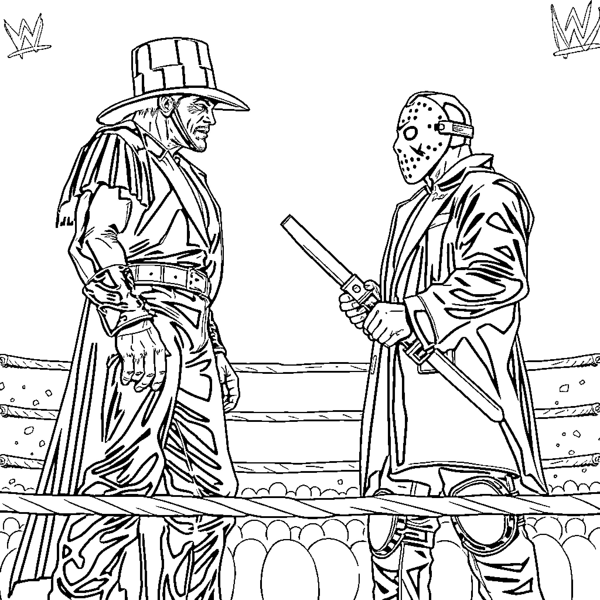 Undertaker confronting a masked opponent in a wrestling ring Coloring Page (free black-and-white line drawing printable PDF for all, from beginners to advanced learners, including children, teens, adults, and seniors)