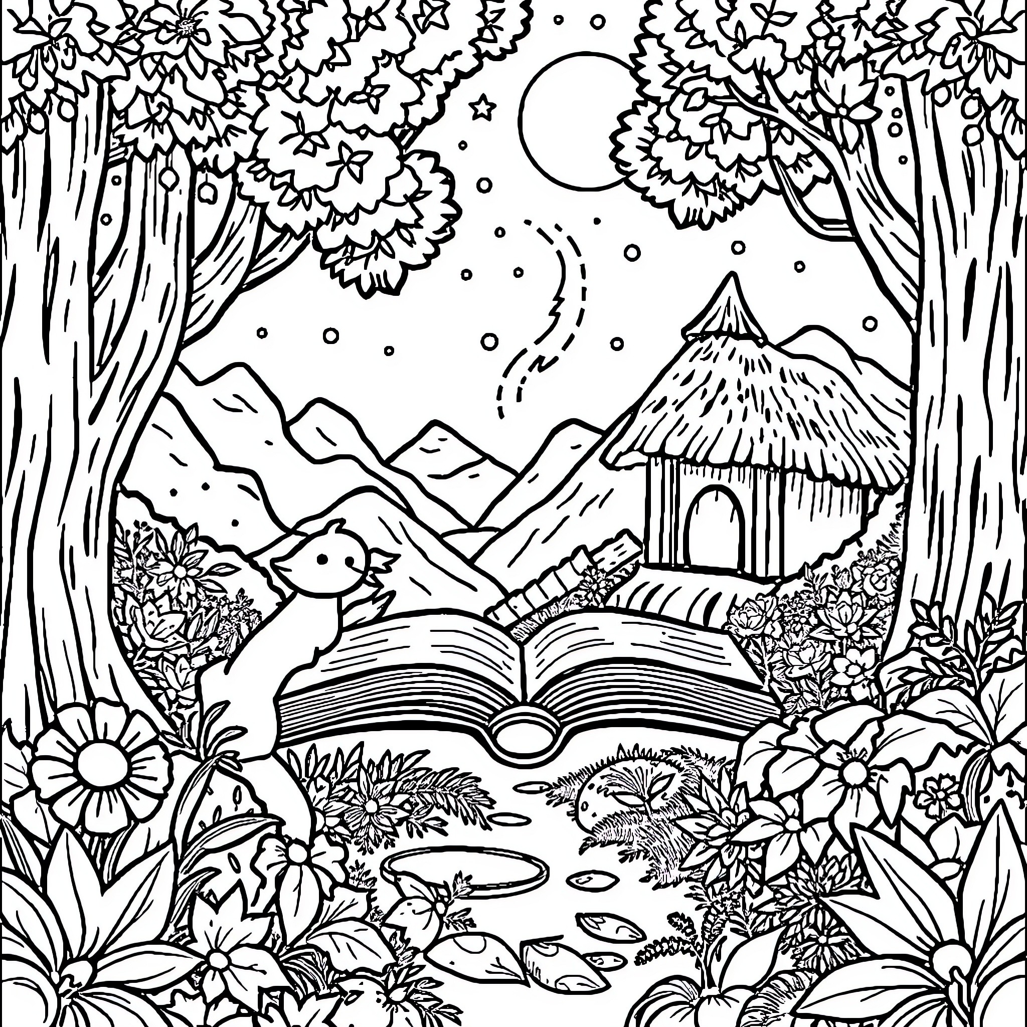 Book of magic in the enchanted forest Coloring Page (free black-and-white line drawing printable PDF for all, from beginners to advanced learners, including children, teens, adults, and seniors)