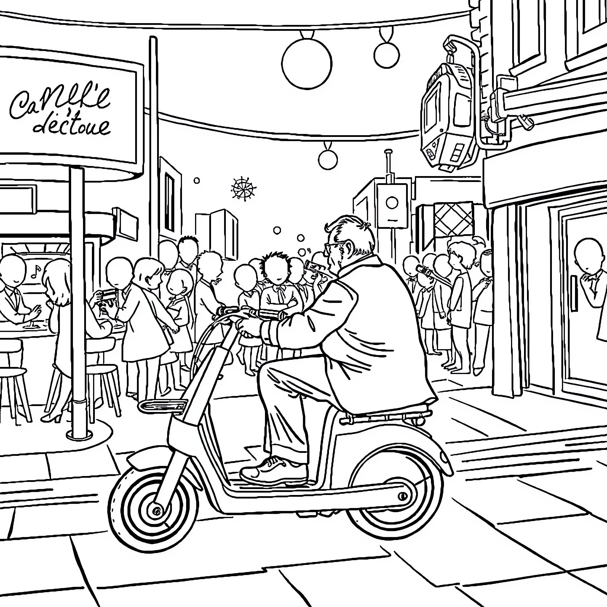 Old Man Riding Scooter Through Crowded Street Coloring Page (free black-and-white line drawing printable PDF for all, from beginners to advanced learners, including children, teens, adults, and seniors)