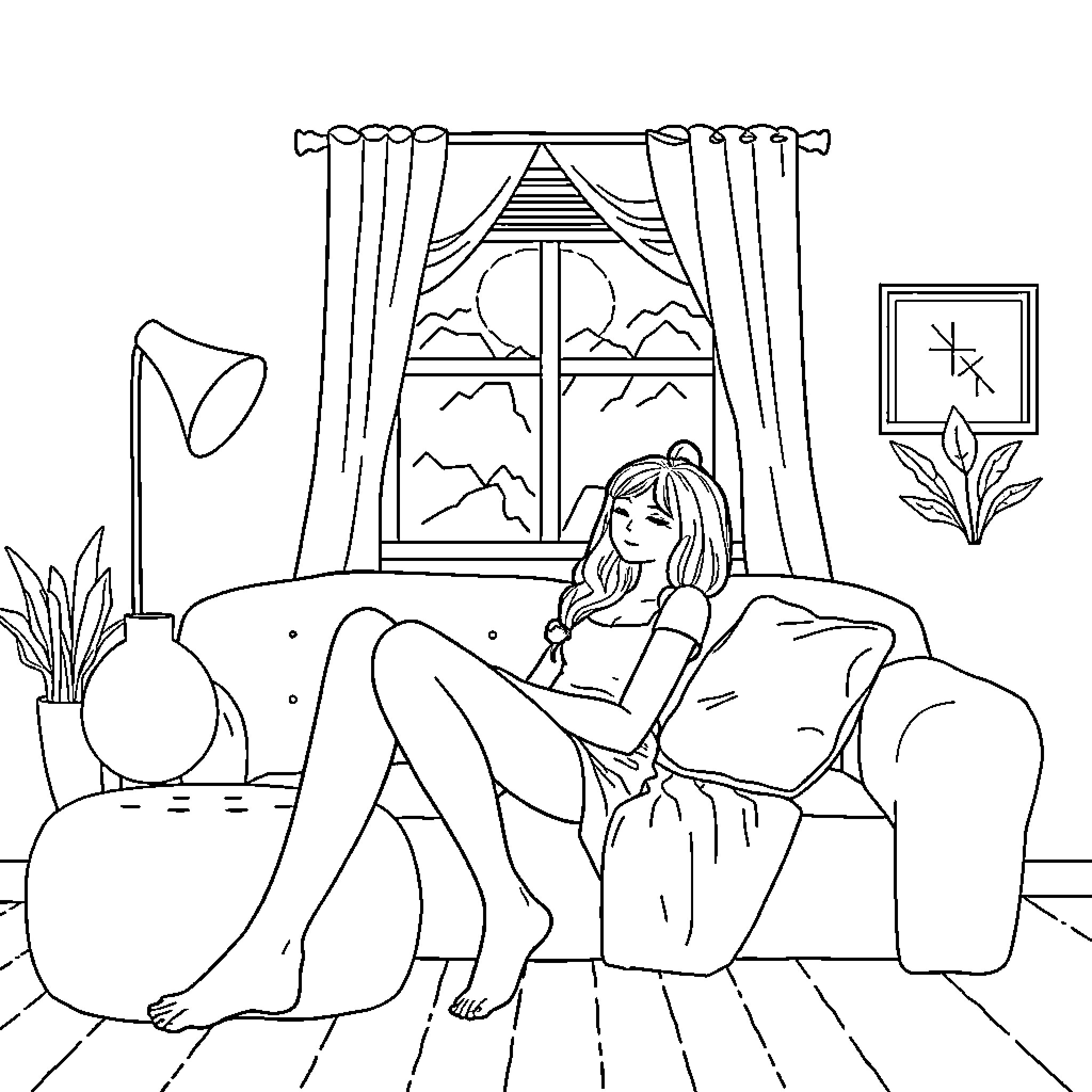 Girl relaxing peacefully at home Coloring Page (free black-and-white line drawing printable PDF for all, from beginners to advanced learners, including children, teens, adults, and seniors)