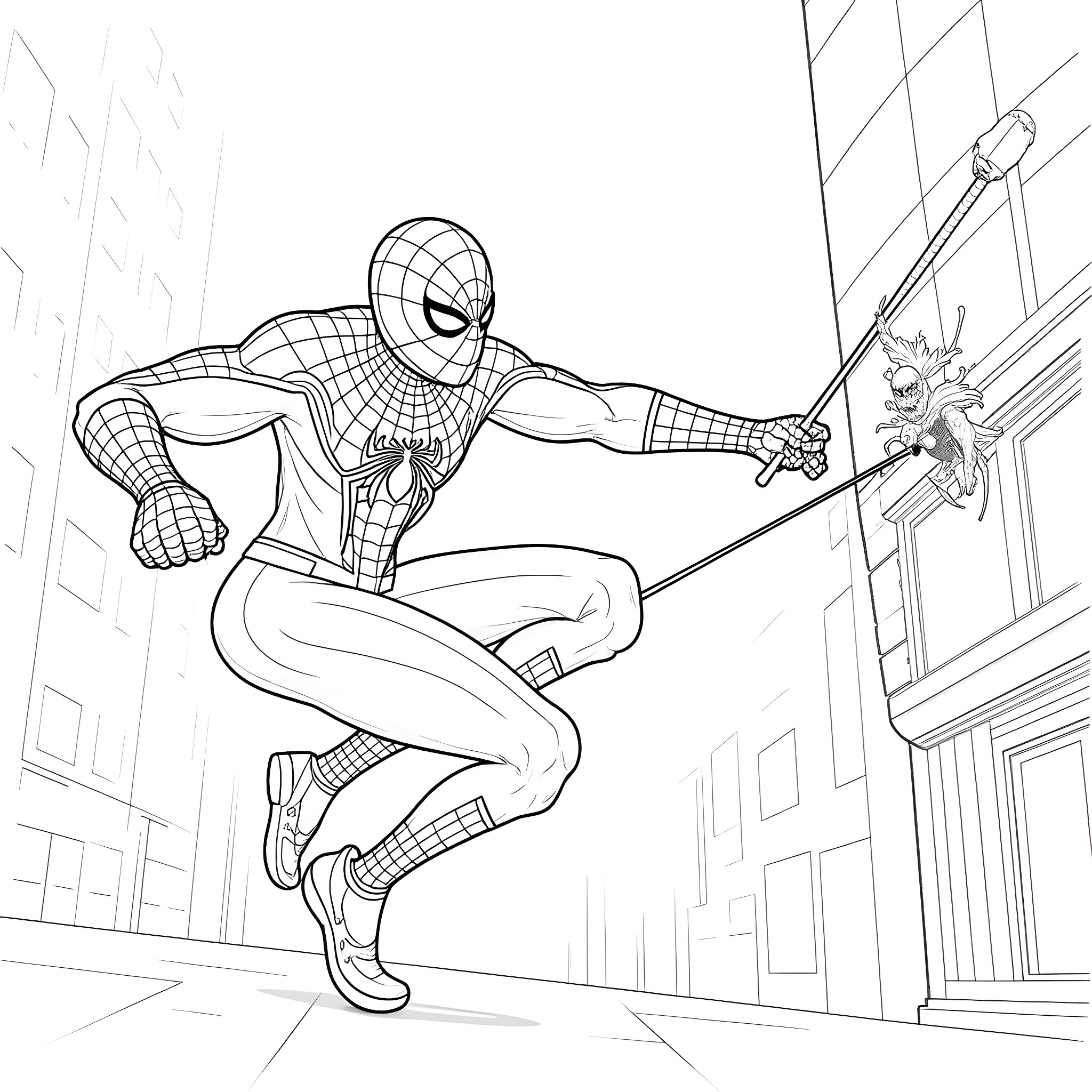 Spider-Man swinging through the city to battle villains Coloring Page (free black-and-white line drawing printable PDF for all, from beginners to advanced learners, including children, teens, adults, and seniors)