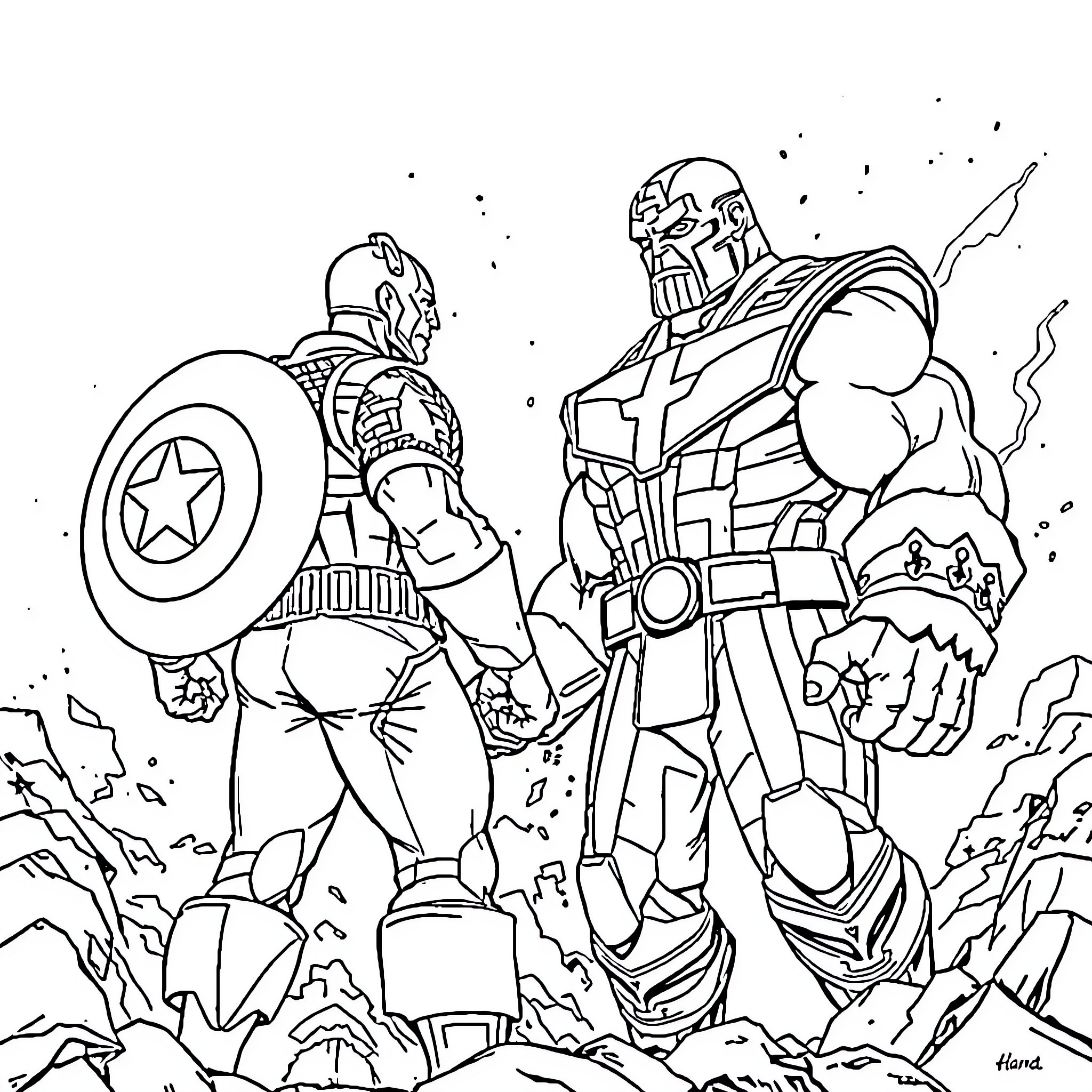 Captain America and Thanos Facing Off in Epic Confrontation Coloring Page (free black-and-white line drawing printable PDF for all, from beginners to advanced learners, including children, teens, adults, and seniors)