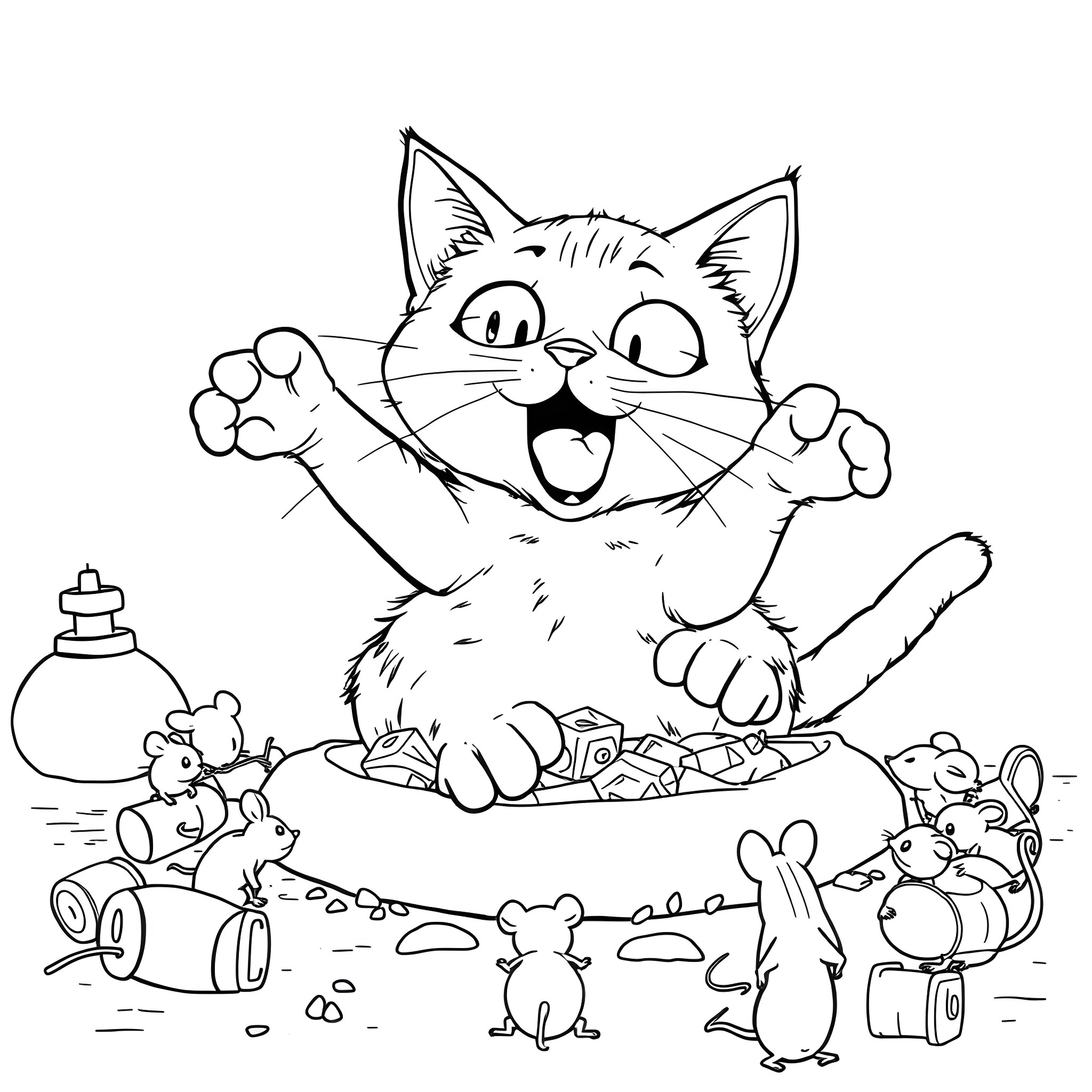 Cat playing joyfully with mice in colorful setting Coloring Page (free black-and-white line drawing printable PDF for all, from beginners to advanced learners, including children, teens, adults, and seniors)