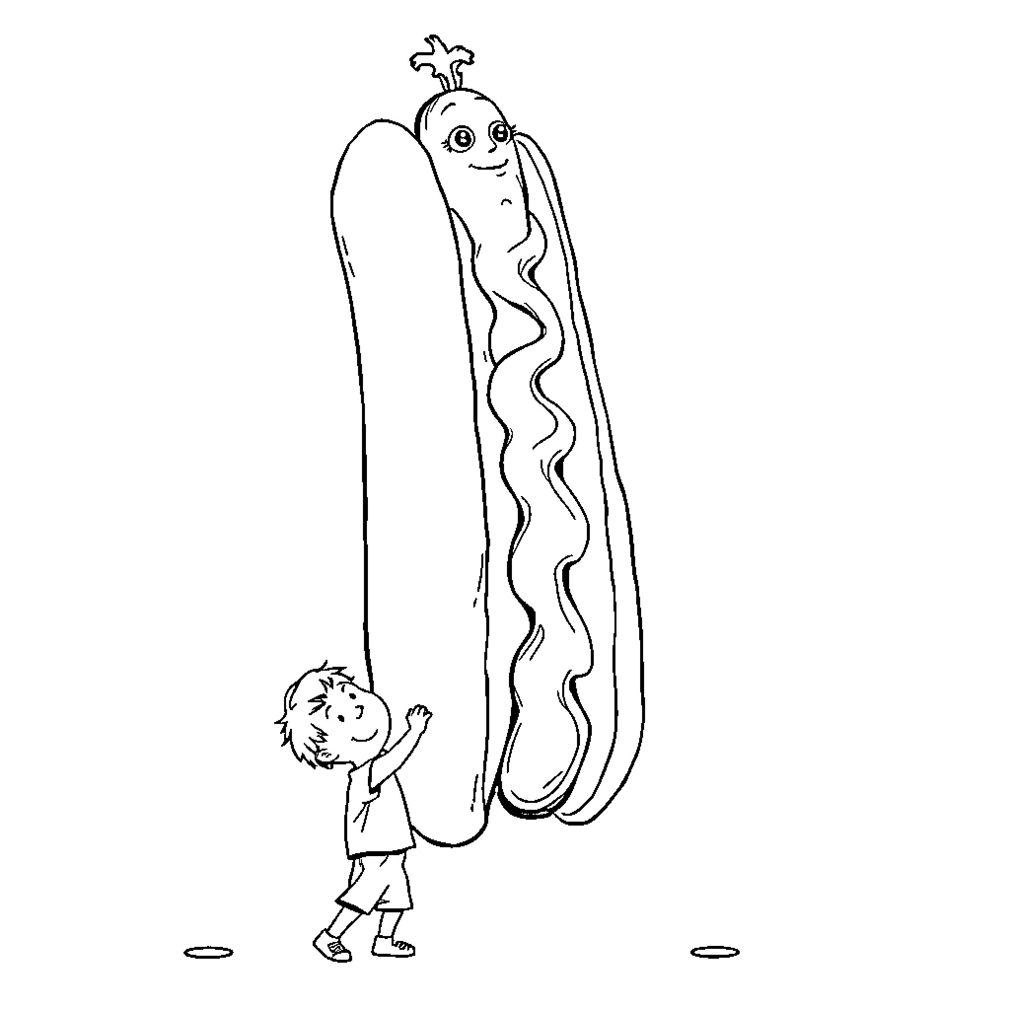 Hotdog being chased by a cheerful child Coloring Page (free black-and-white line drawing printable PDF for all, from beginners to advanced learners, including children, teens, adults, and seniors)