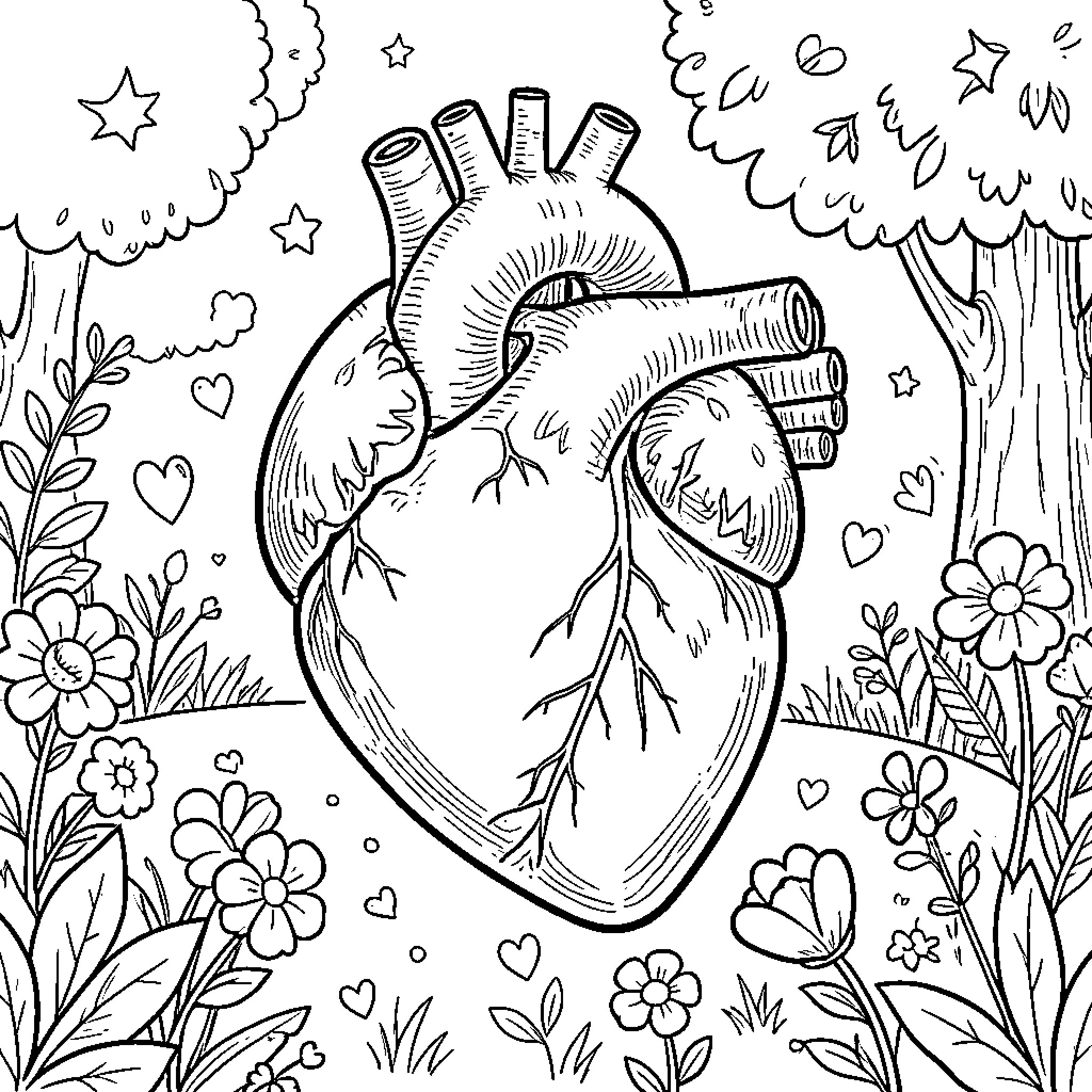 Heart surrounded by flowers and stars in nature Coloring Page (free black-and-white line drawing printable PDF for all, from beginners to advanced learners, including children, teens, adults, and seniors)