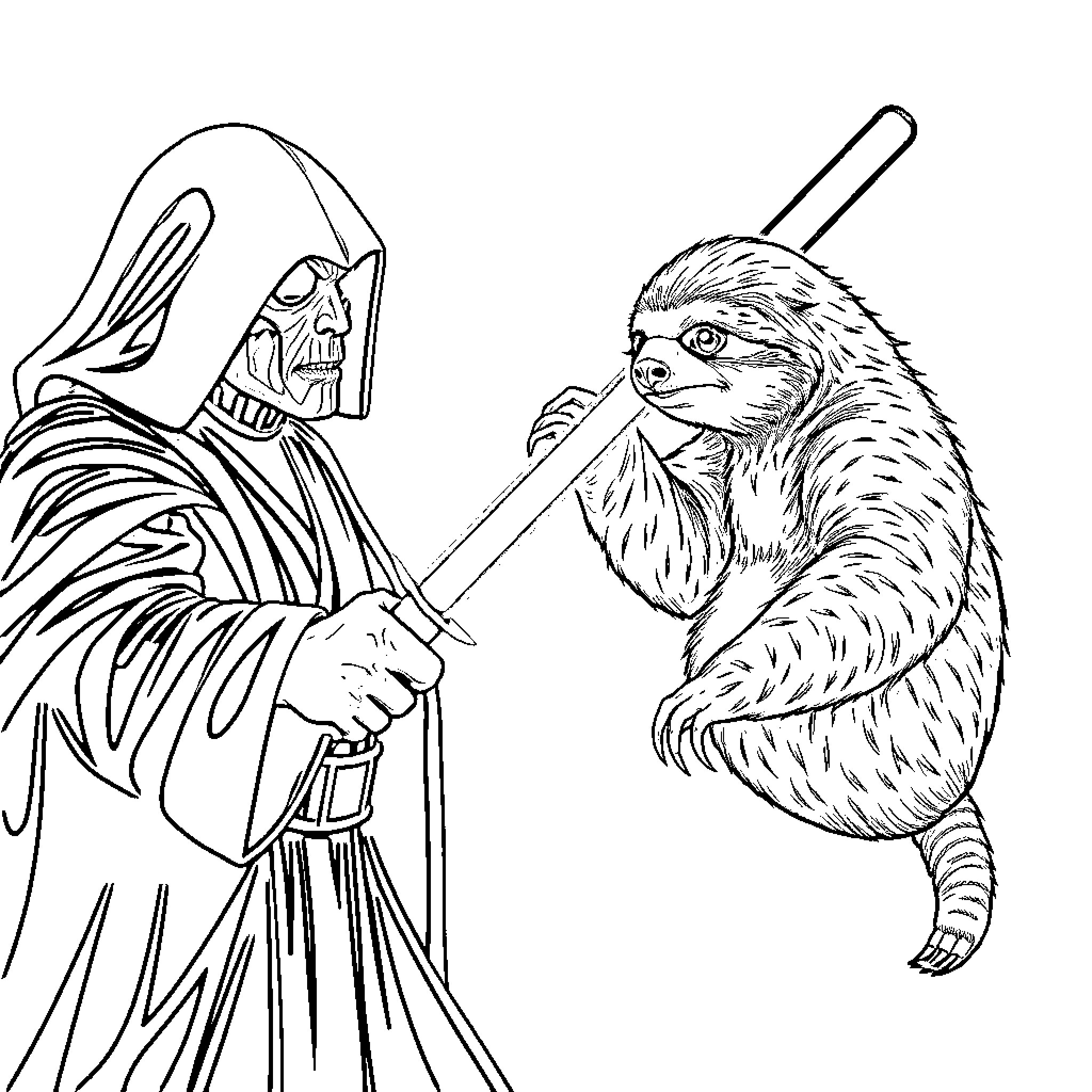 Sloth facing off against Darth Vader Coloring Page (free black-and-white line drawing printable PDF for all, from beginners to advanced learners, including children, teens, adults, and seniors)