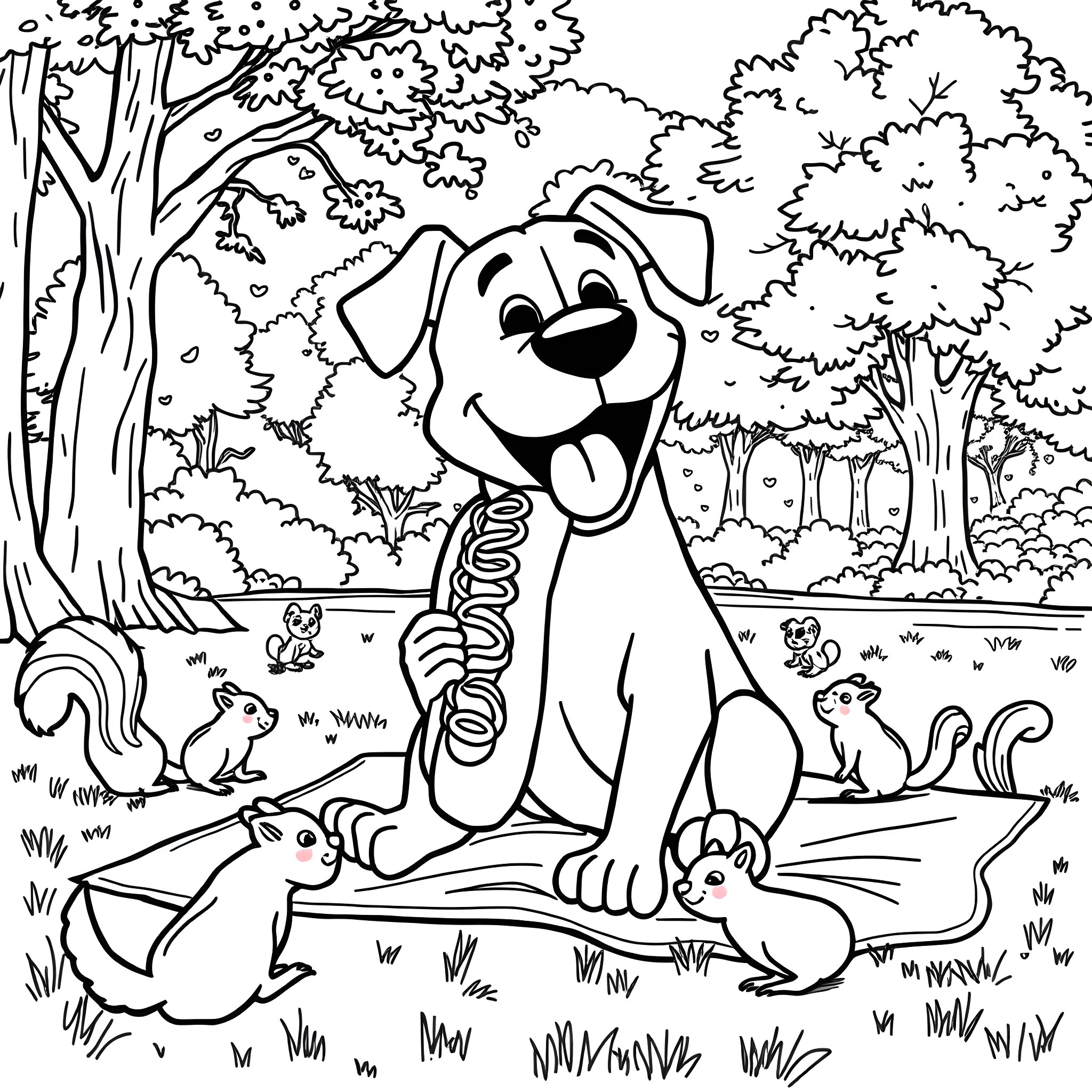 Jake the playful dog in the lively forest Coloring Page (free black-and-white line drawing printable PDF for all, from beginners to advanced learners, including children, teens, adults, and seniors)