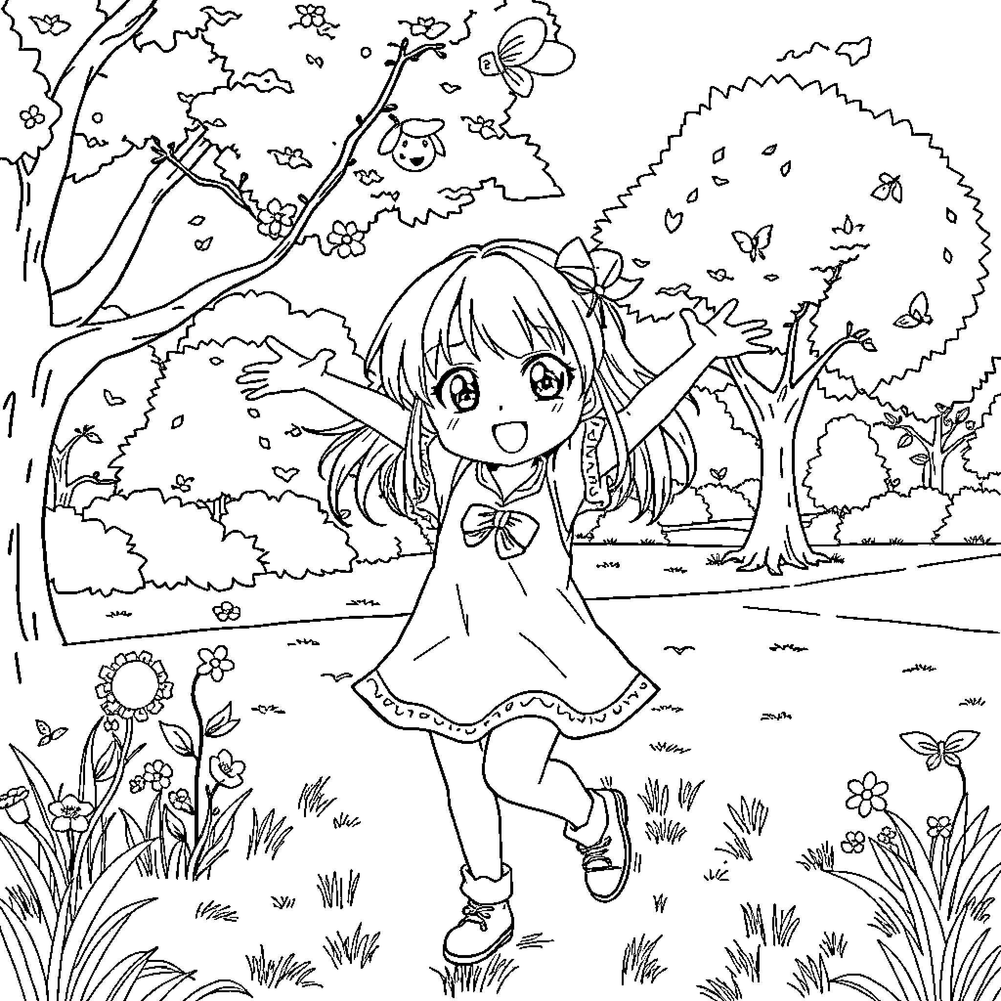 Anime Girl cheerfully dancing in a floral garden Coloring Page (free black-and-white line drawing printable PDF for all, from beginners to advanced learners, including children, teens, adults, and seniors)