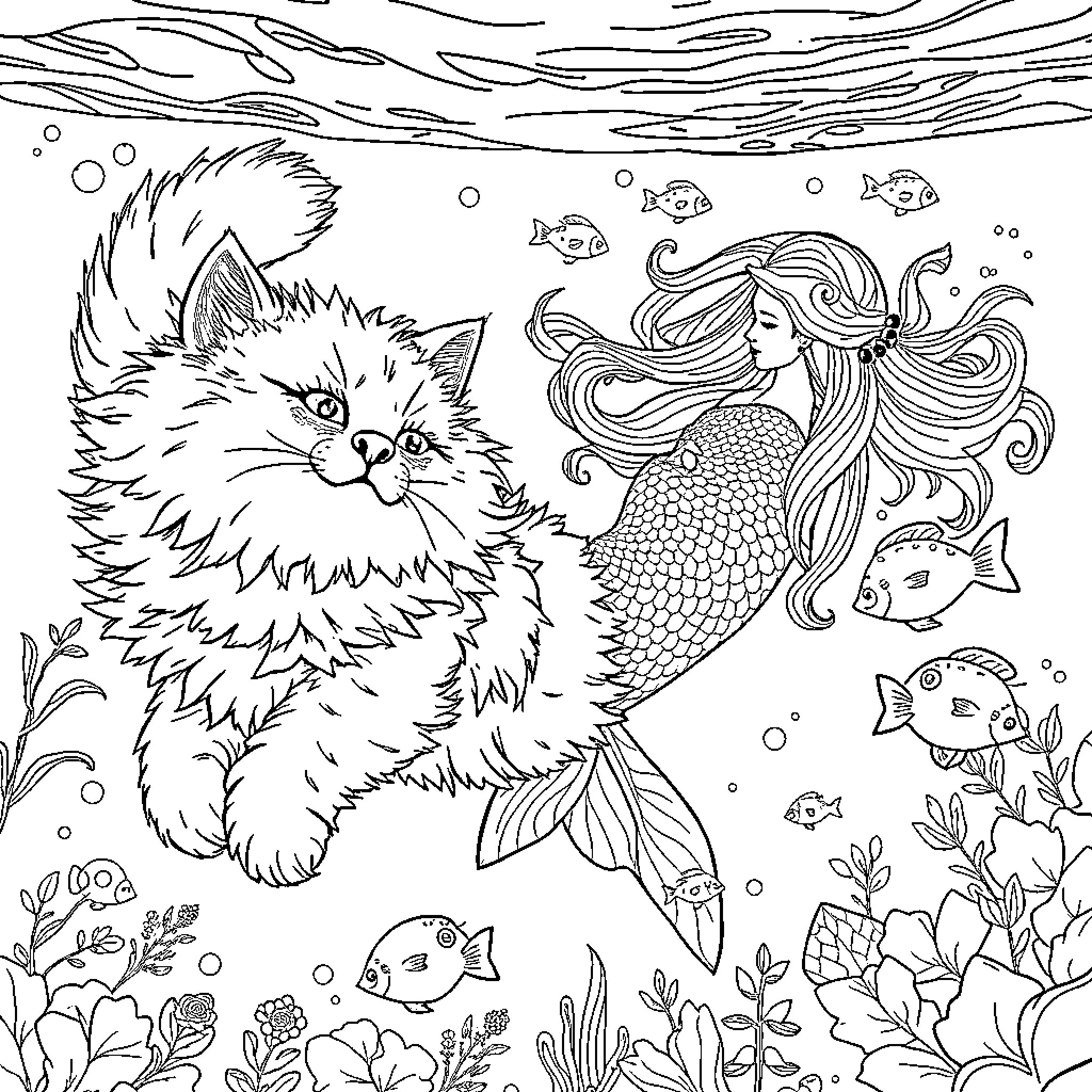 Cat and Mermaid Underwater Adventure Coloring Page (free black-and-white line drawing printable PDF for all, from beginners to advanced learners, including children, teens, adults, and seniors)