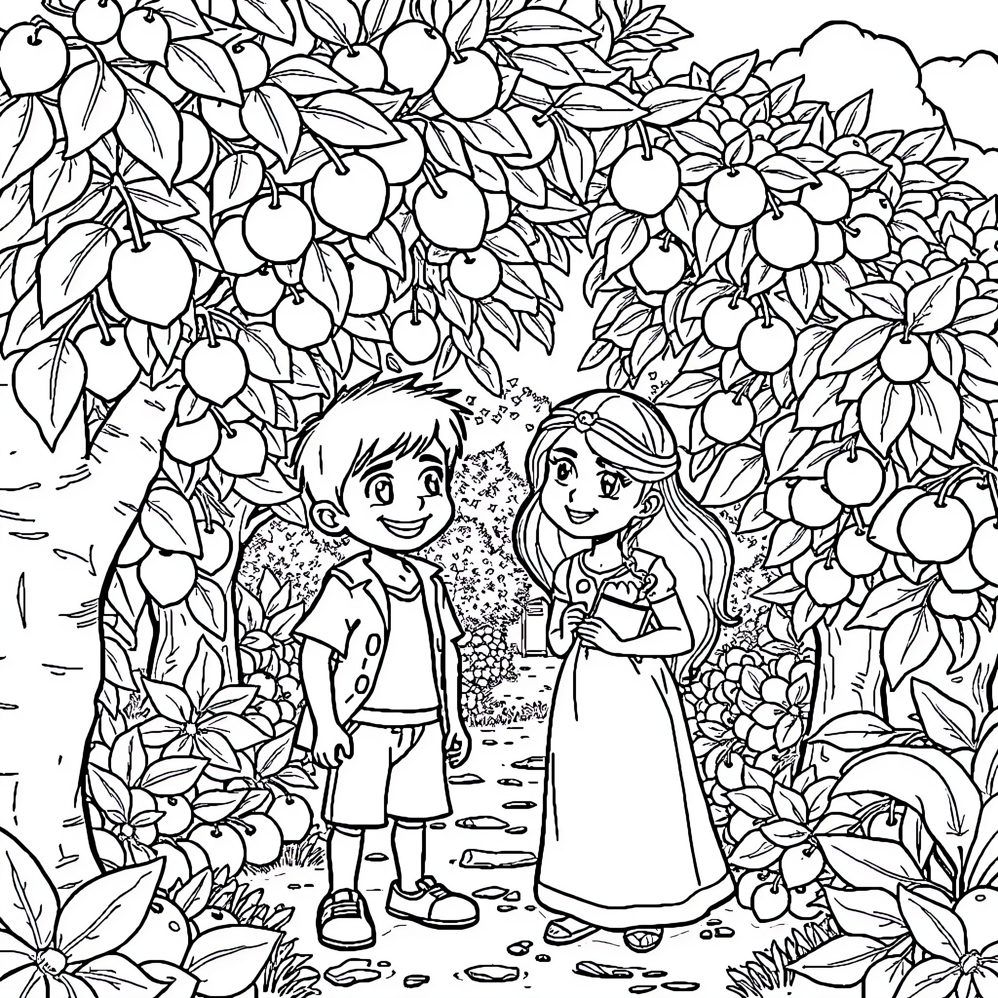 Adán y Eva: Jóvenes enamorados en un jardín de frutas Coloring Page (free black-and-white line drawing printable PDF for all, from beginners to advanced learners, including children, teens, adults, and seniors)