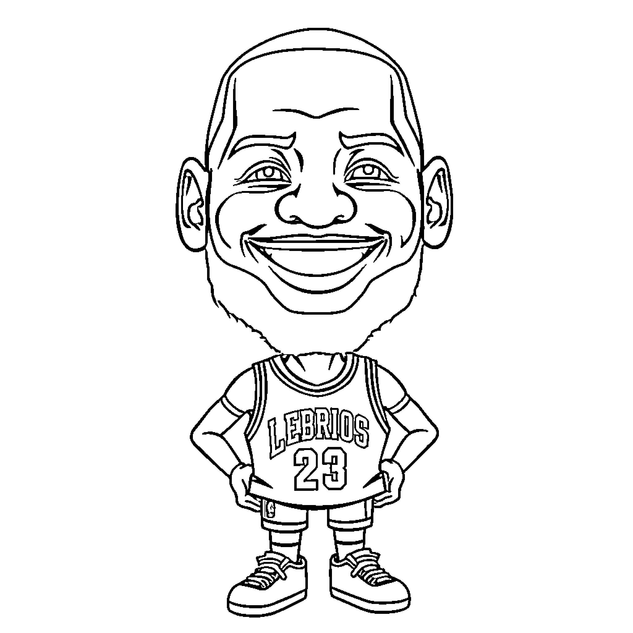 LeBron James in a playful cartoon drawing Coloring Page (free black-and-white line drawing printable PDF for all, from beginners to advanced learners, including children, teens, adults, and seniors)