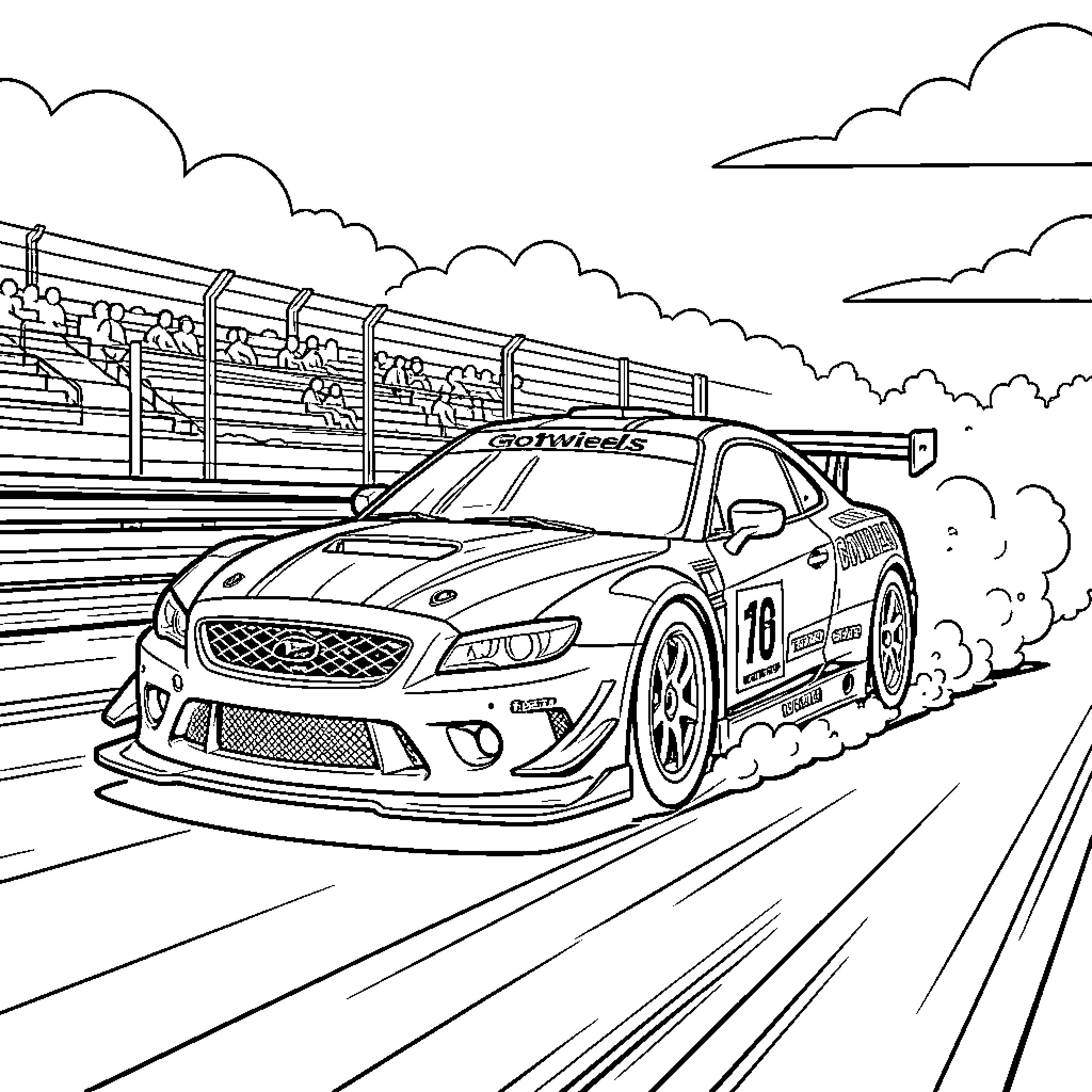 Race Car speeding fast on a track Coloring Page (free black-and-white line drawing printable PDF for all, from beginners to advanced learners, including children, teens, adults, and seniors)