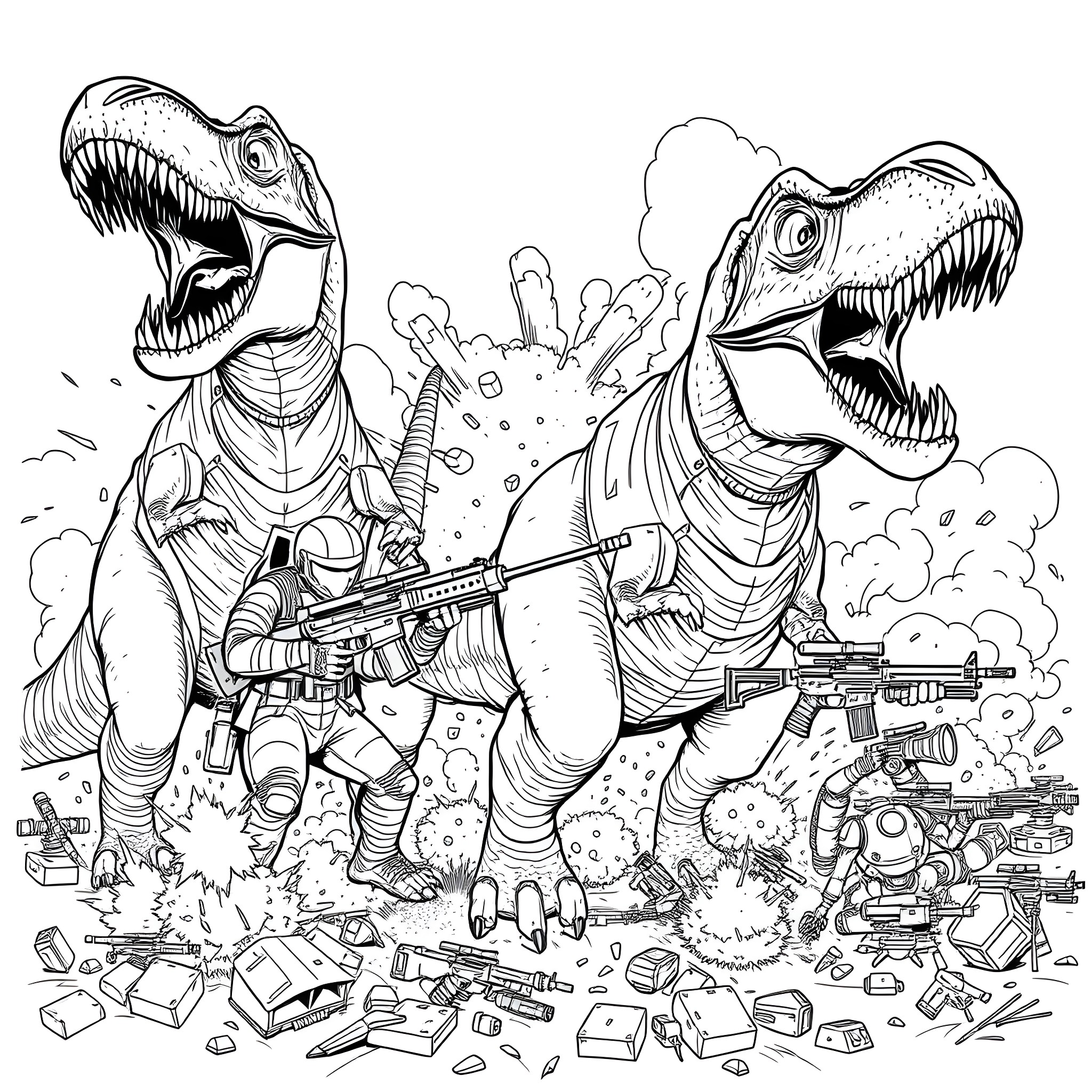 Dino Soldiers Battling with Futuristic Weapons Coloring Page (free black-and-white line drawing printable PDF for all, from beginners to advanced learners, including children, teens, adults, and seniors)