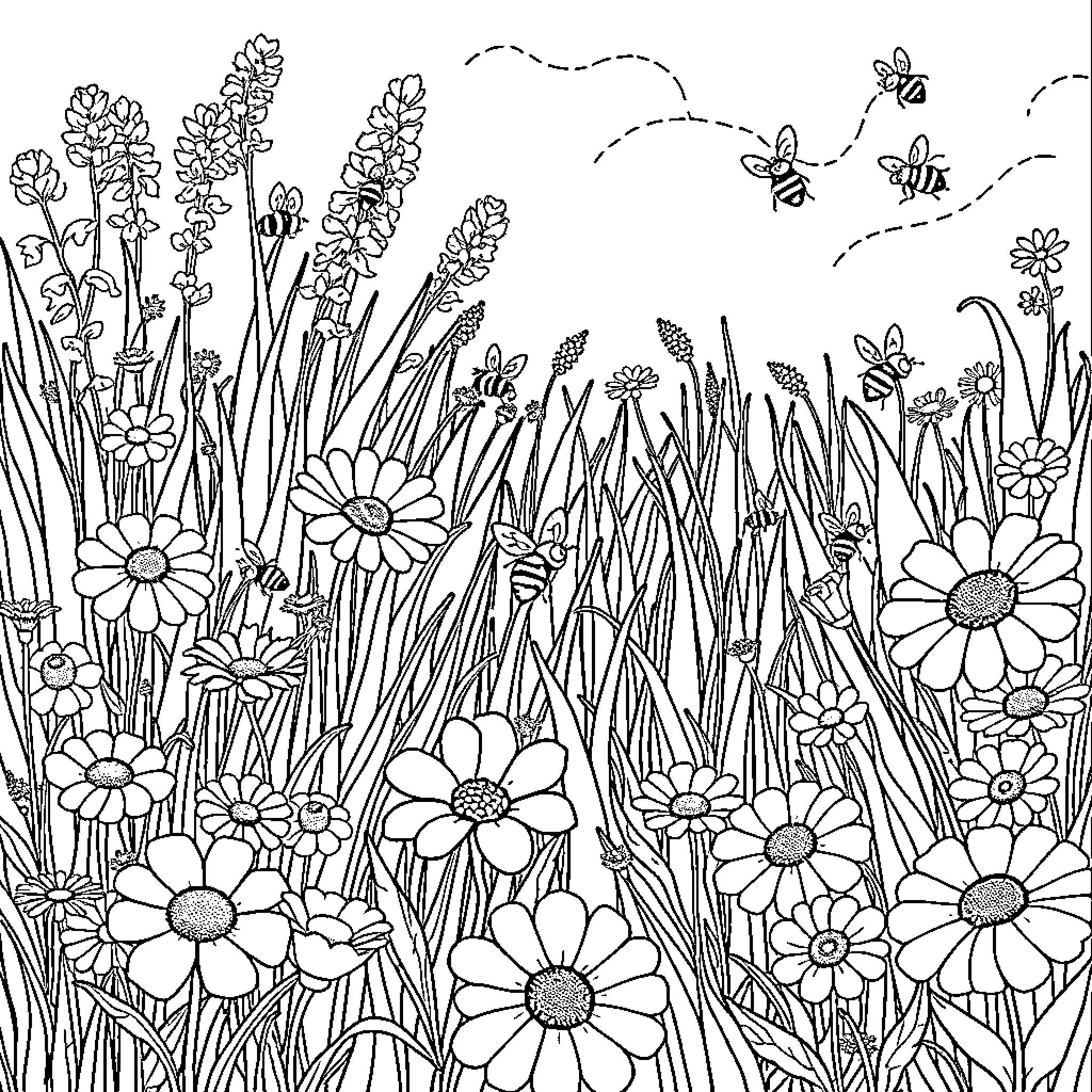 Garden scene with blooming flowers and buzzing bees Coloring Page (free black-and-white line drawing printable PDF for all, from beginners to advanced learners, including children, teens, adults, and seniors)