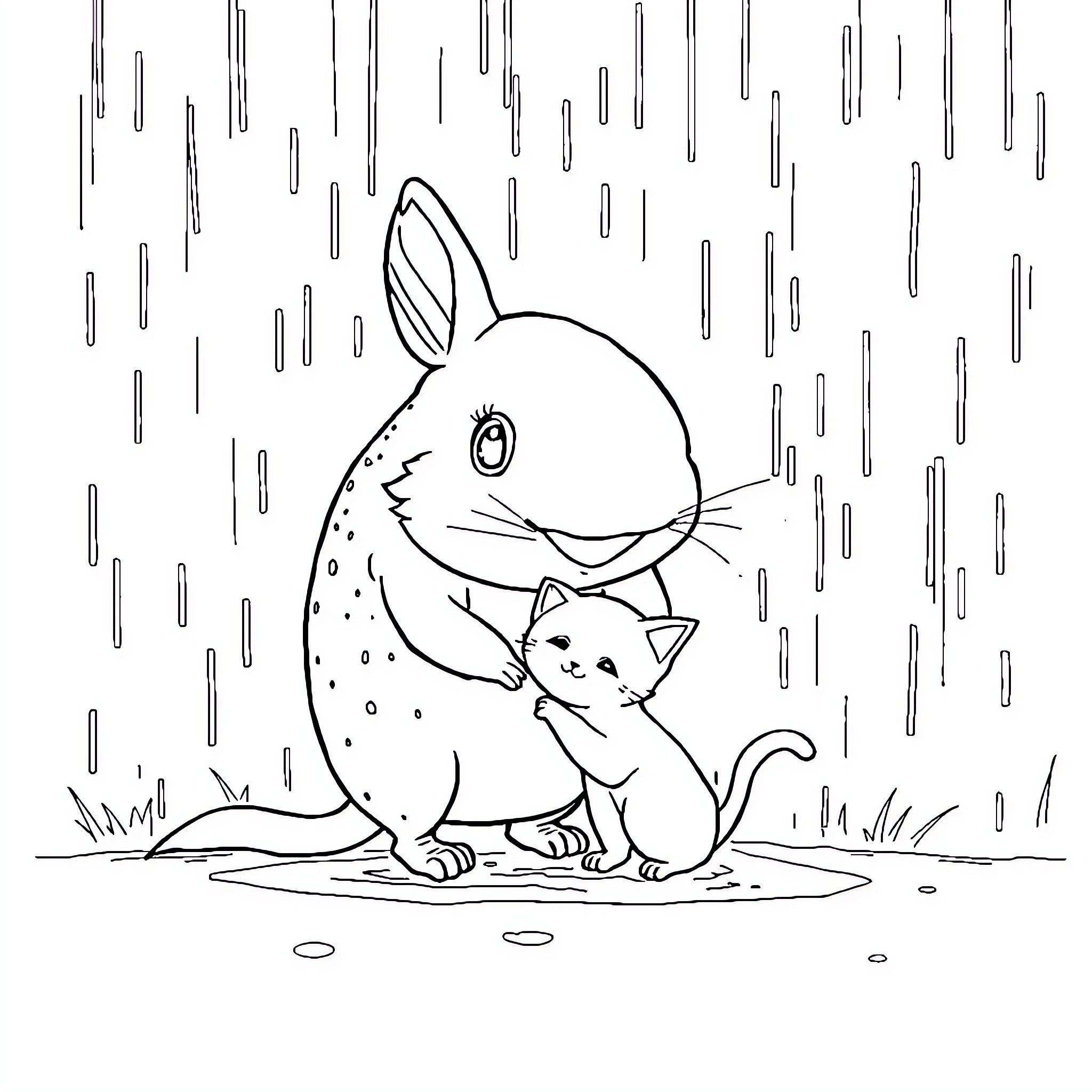 Capybara and kitten in the rain Coloring Page (free black-and-white line drawing printable PDF for all, from beginners to advanced learners, including children, teens, adults, and seniors)