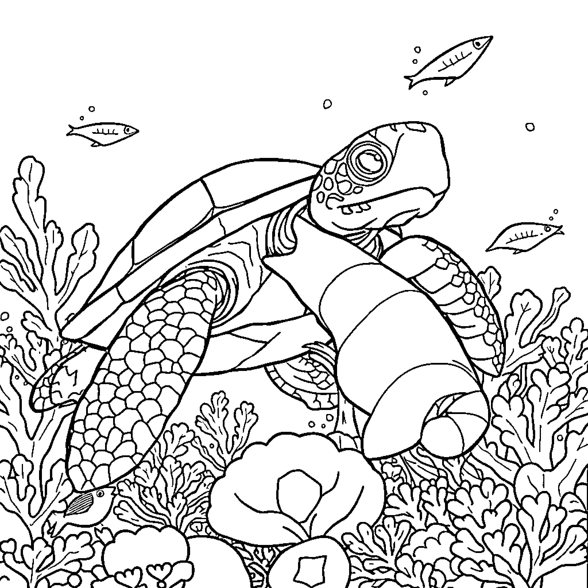 Turtle exploring the underwater coral reef Coloring Page (free black-and-white line drawing printable PDF for all, from beginners to advanced learners, including children, teens, adults, and seniors)