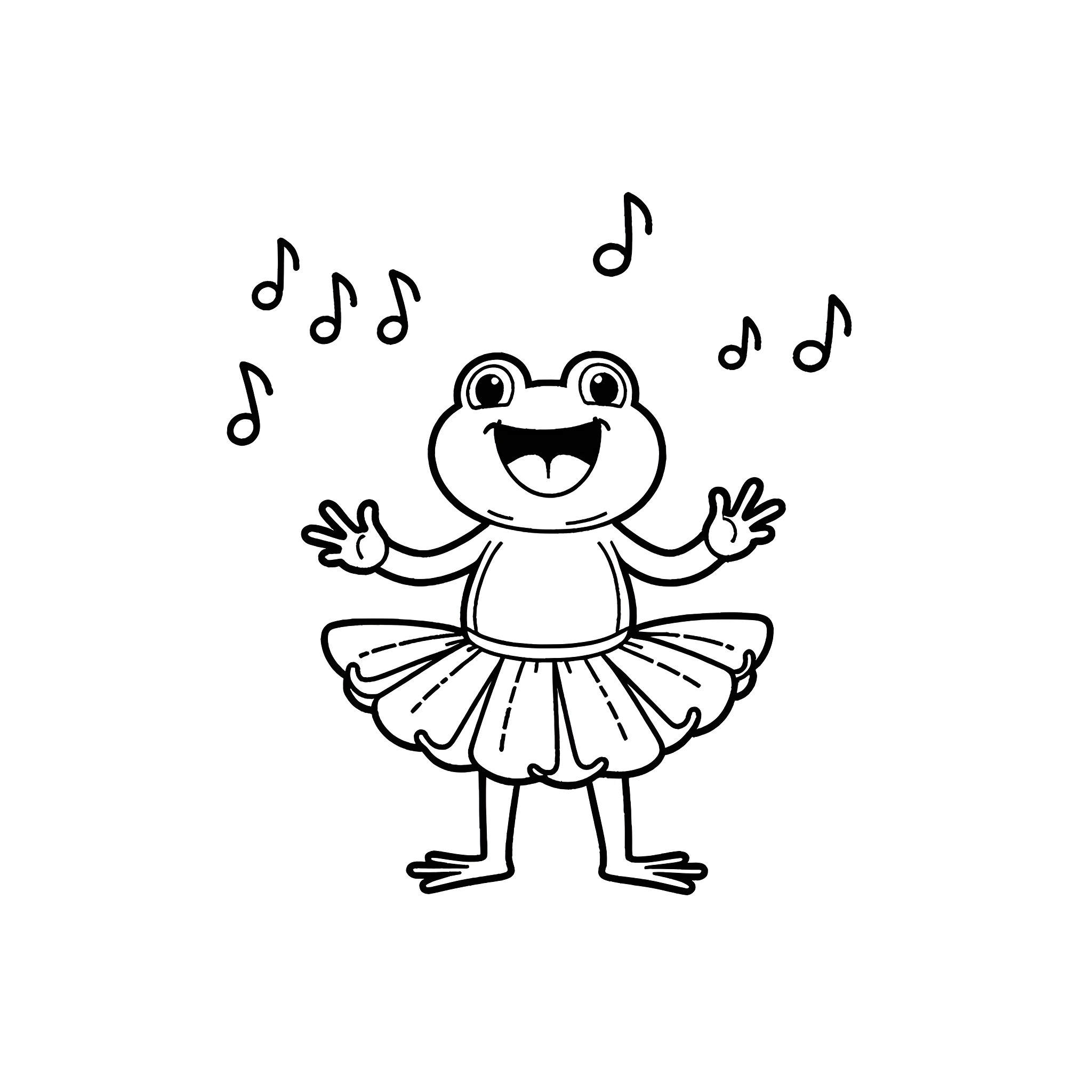 Frog dancing joyfully to music Coloring Page (free black-and-white line drawing printable PDF for all, from beginners to advanced learners, including children, teens, adults, and seniors)