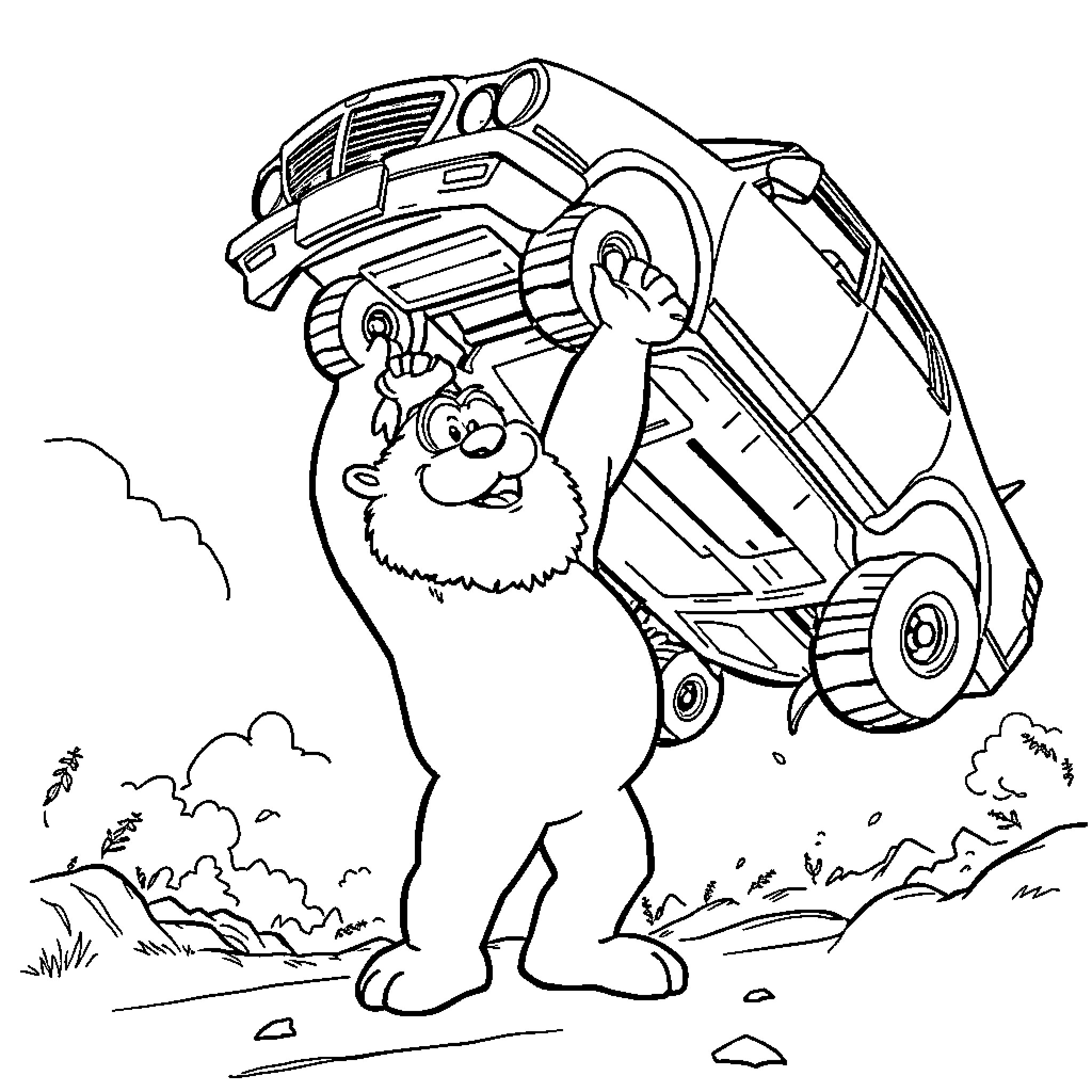 Bamse carries a large vehicle in the wilderness Coloring Page (free black-and-white line drawing printable PDF for all, from beginners to advanced learners, including children, teens, adults, and seniors)