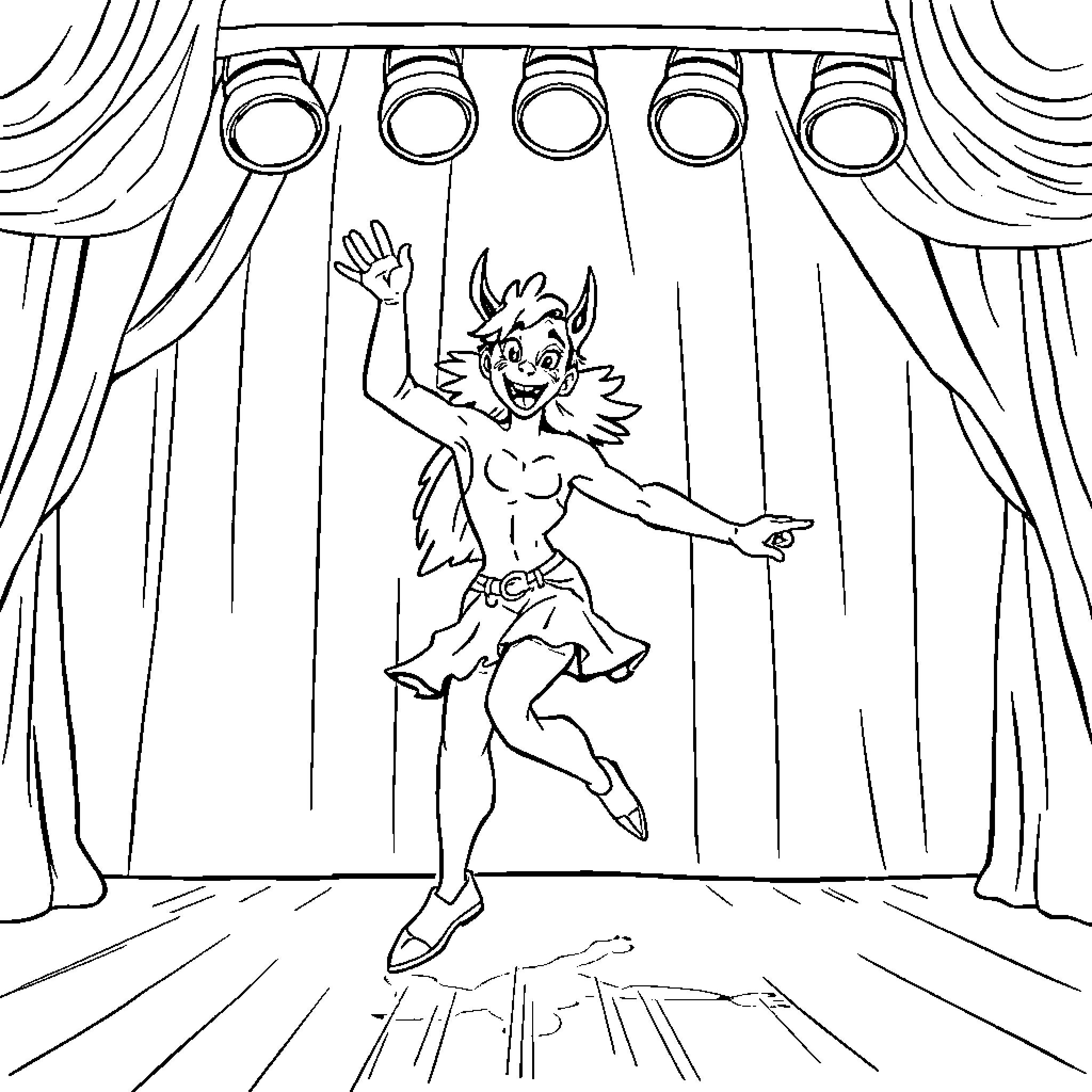 Huntrix Performing on Stage Coloring Page (free black-and-white line drawing printable PDF for all, from beginners to advanced learners, including children, teens, adults, and seniors)