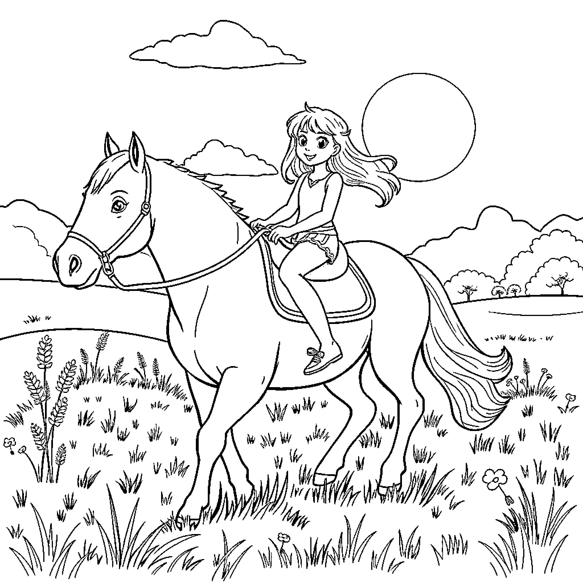 Pony ride through the serene countryside Coloring Page (free black-and-white line drawing printable PDF for all, from beginners to advanced learners, including children, teens, adults, and seniors)