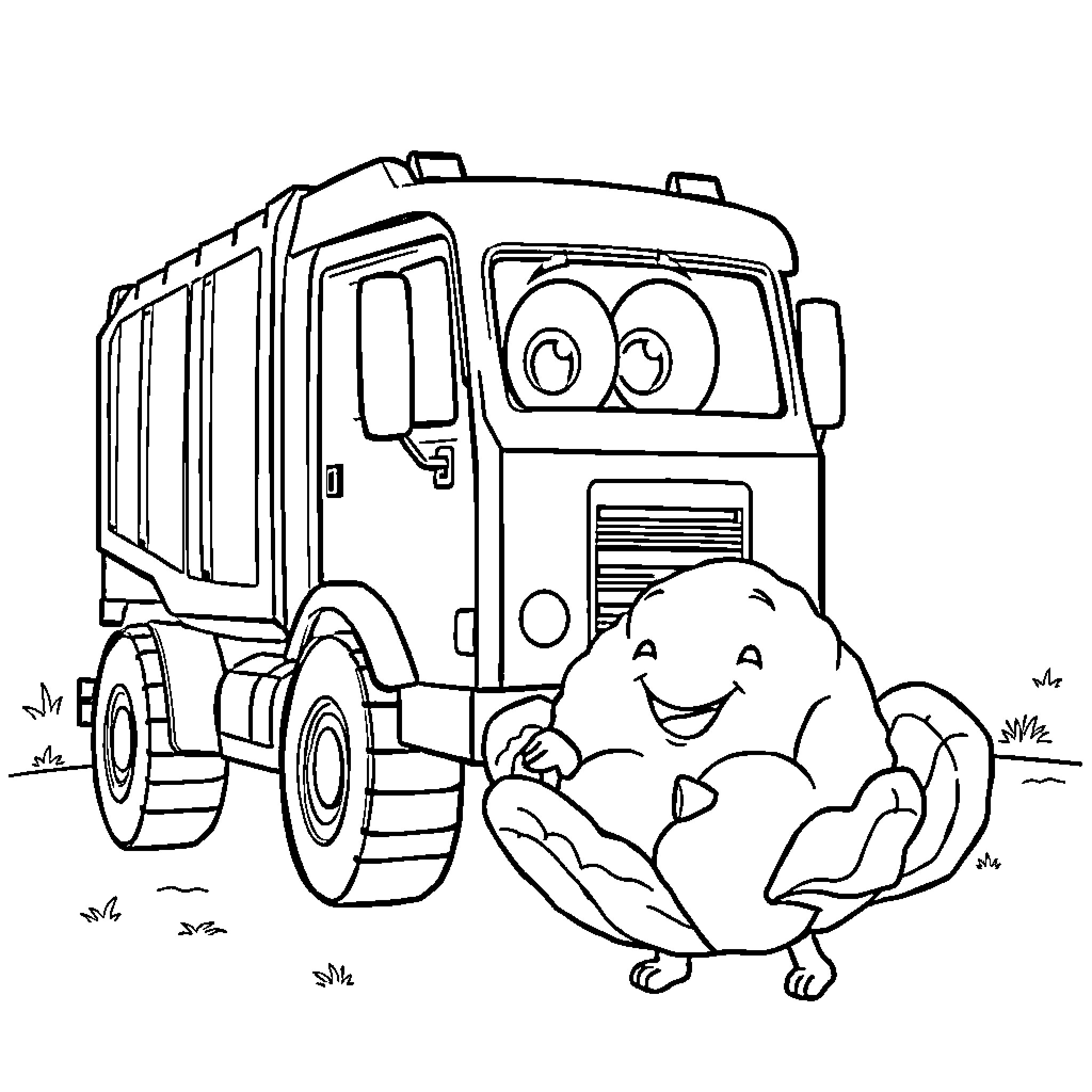 Trash Truck Collecting Smiling Trash Can Coloring Page (free black-and-white line drawing printable PDF for all, from beginners to advanced learners, including children, teens, adults, and seniors)