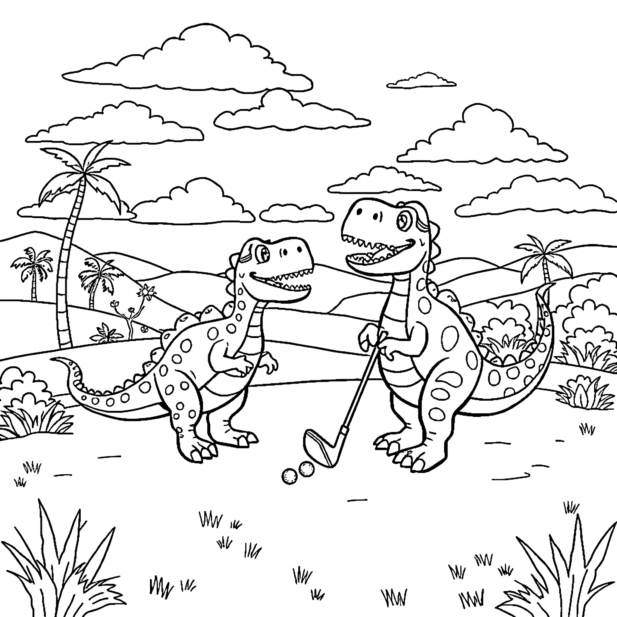 Dinosaur friends exploring tropical landscape Coloring Page (free black-and-white line drawing printable PDF for all, from beginners to advanced learners, including children, teens, adults, and seniors)