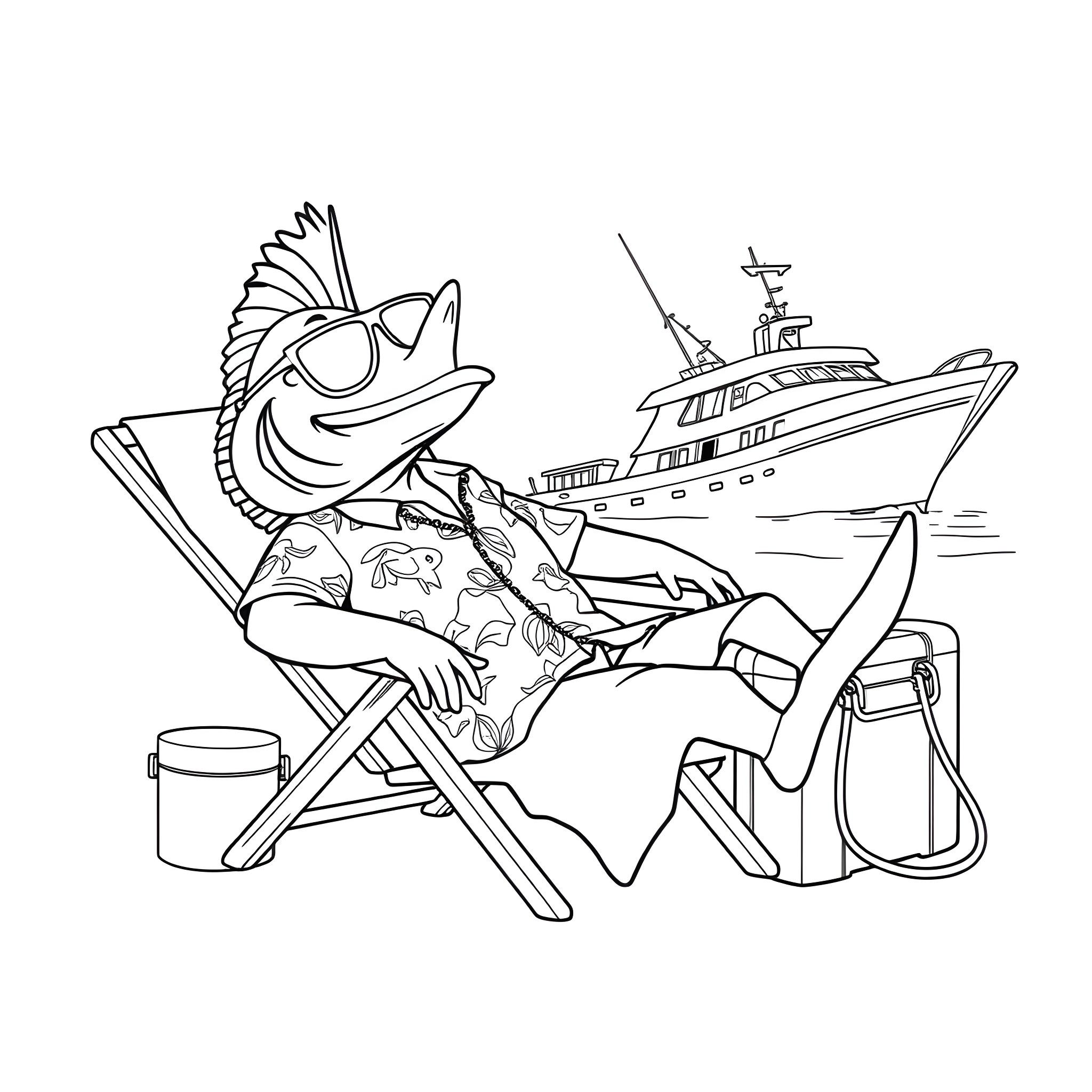 Redfish relaxing on a beach chair near a yacht Coloring Page (free black-and-white line drawing printable PDF for all, from beginners to advanced learners, including children, teens, adults, and seniors)