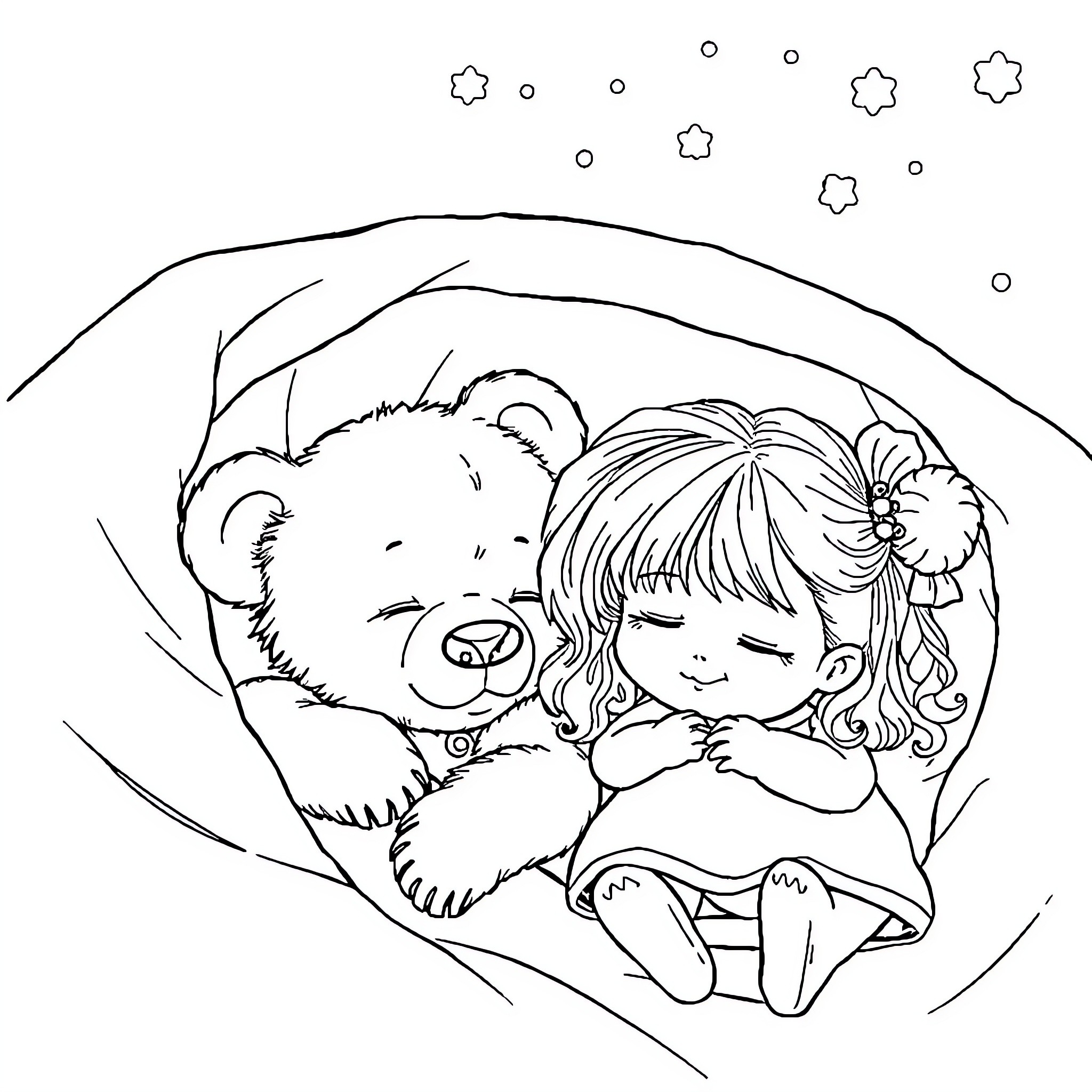 Bear comforting a young girl in the starry night Coloring Page (free black-and-white line drawing printable PDF for all, from beginners to advanced learners, including children, teens, adults, and seniors)