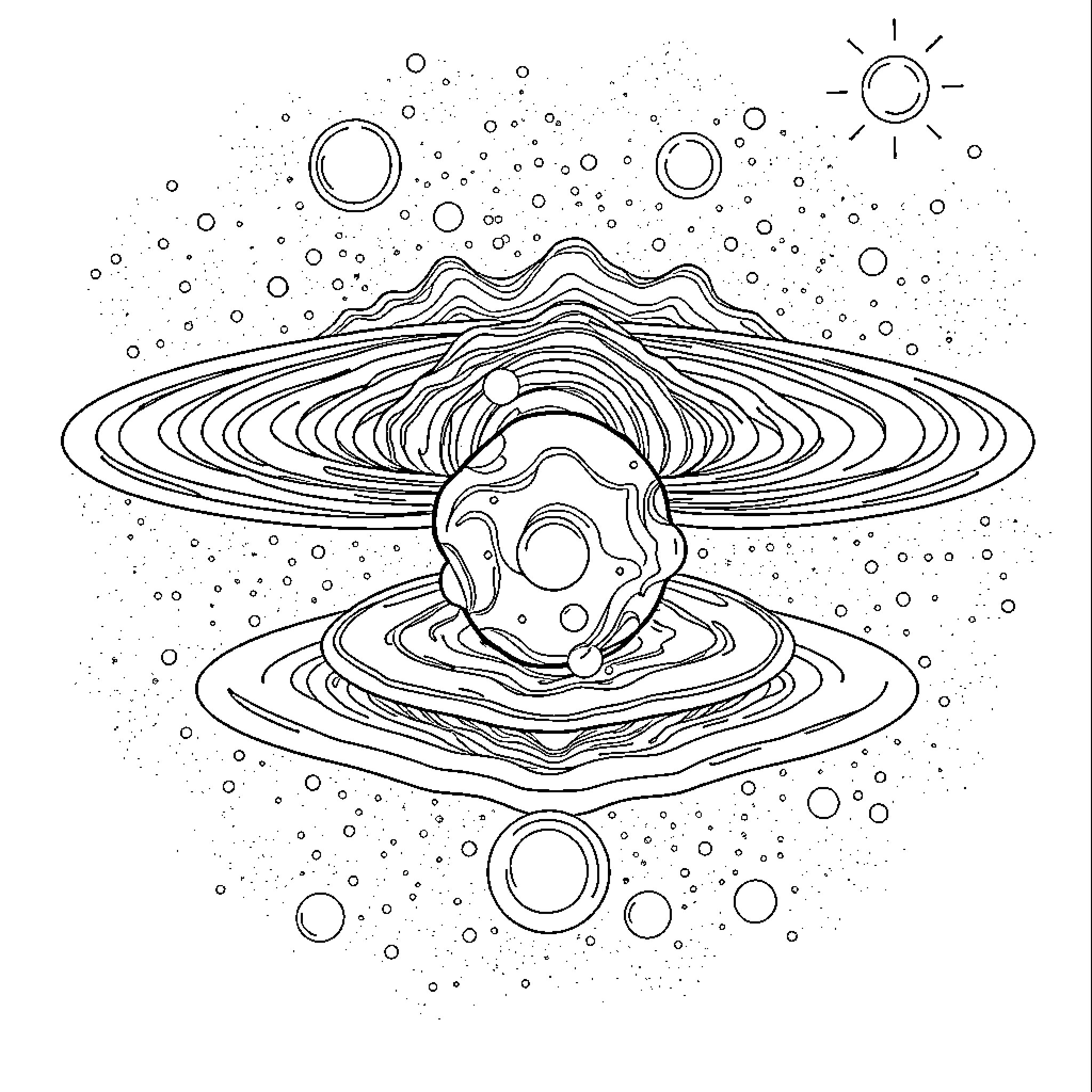 Universe of abstract cosmic shapes and patterns Coloring Page (free black-and-white line drawing printable PDF for all, from beginners to advanced learners, including children, teens, adults, and seniors)