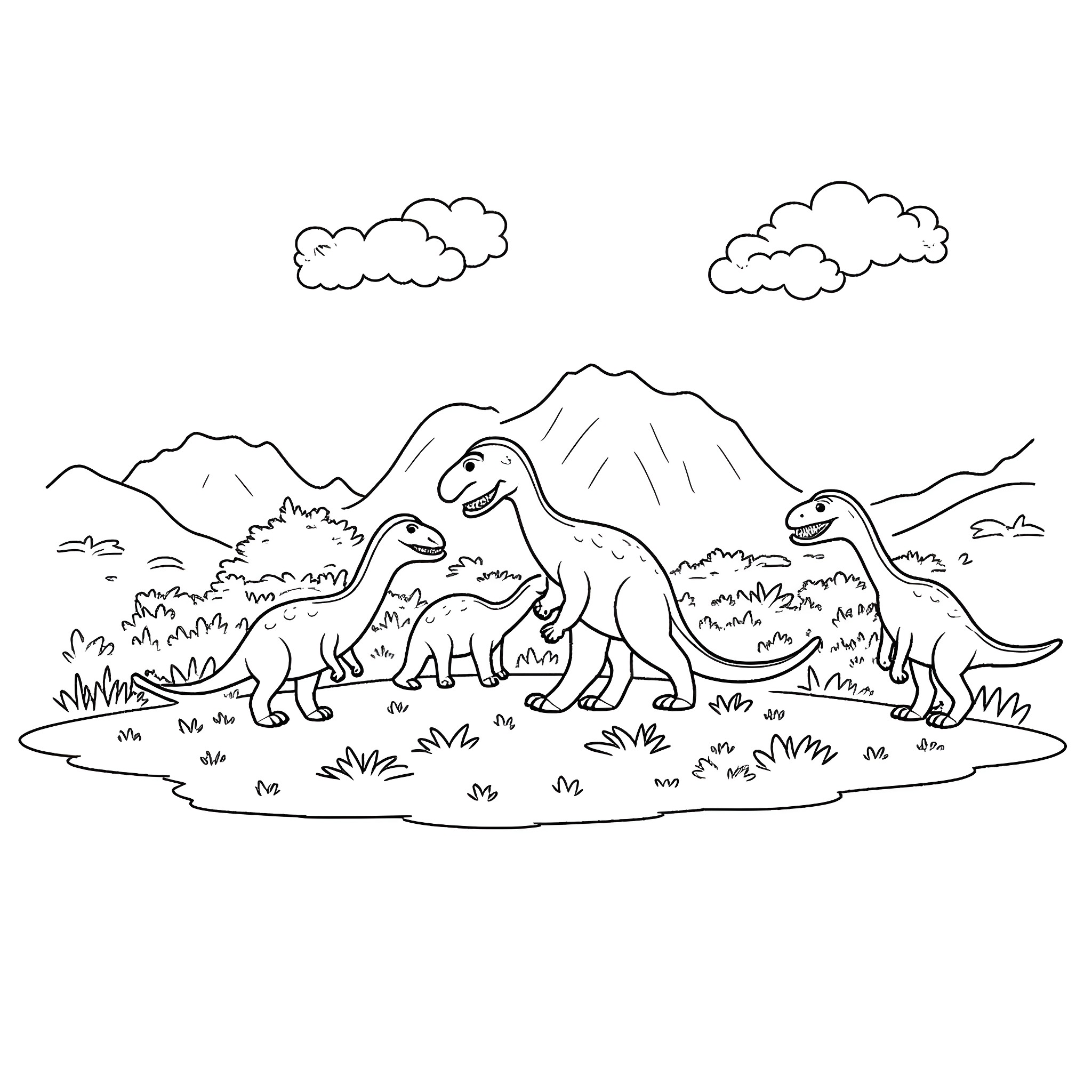 Dinosaurs roaming in natural habitat Coloring Page (free black-and-white line drawing printable PDF for all, from beginners to advanced learners, including children, teens, adults, and seniors)