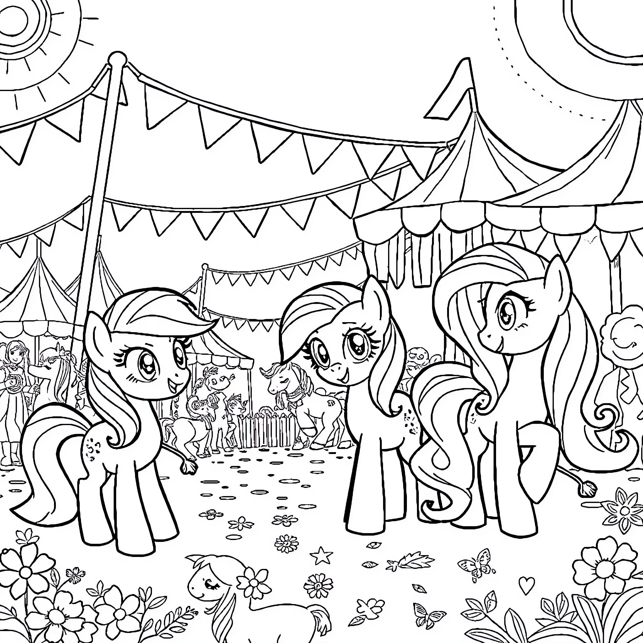 Pony friends enjoying a festive carnival Coloring Page (free black-and-white line drawing printable PDF for all, from beginners to advanced learners, including children, teens, adults, and seniors)